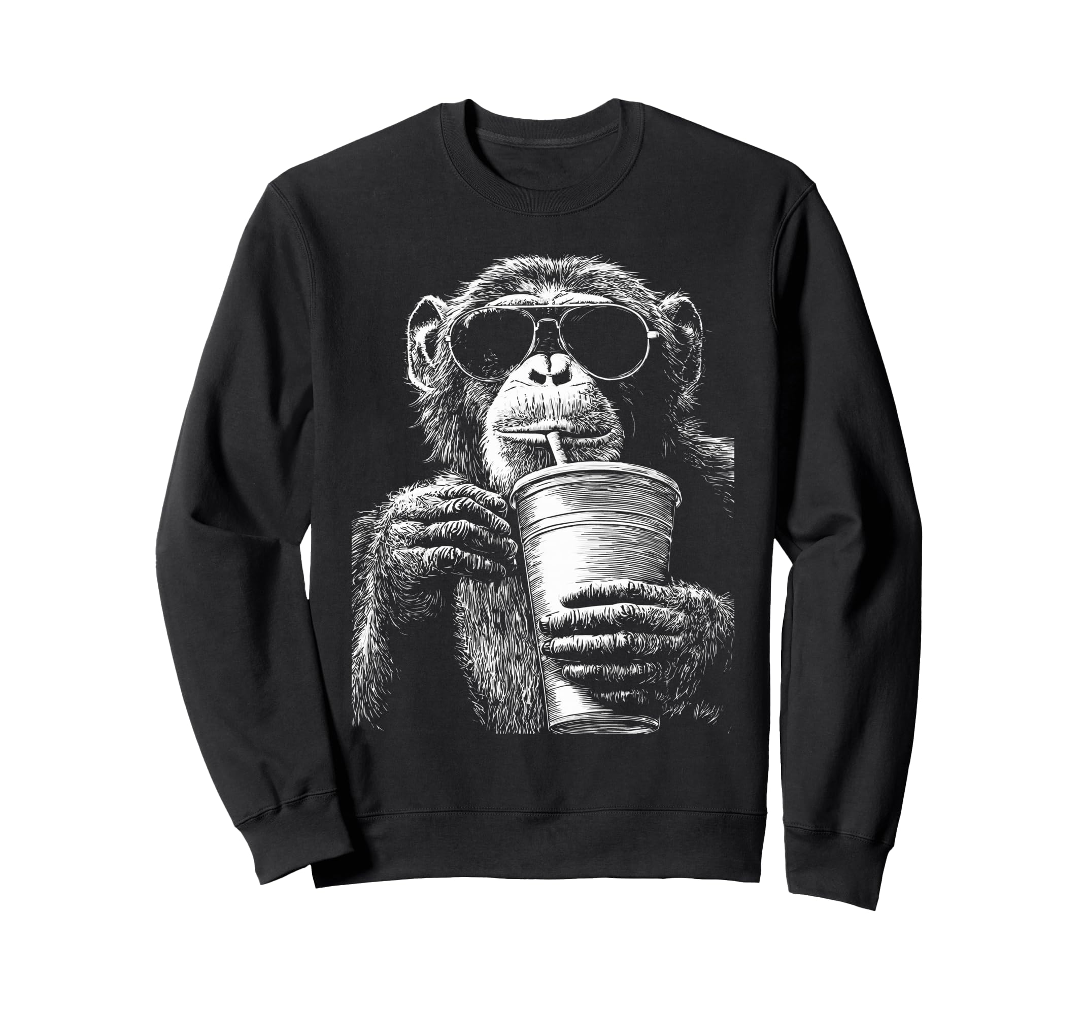 Chimpanzee Drinking Iced Coffee Sweatshirt - Trendy Graphic Men Women - T-Shirt, Sweatshirt, Hoodie