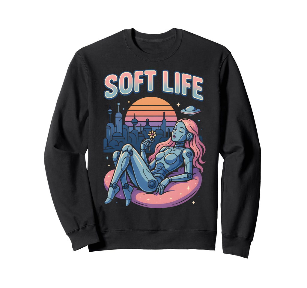 Soft Life Robot Retrofuture City Sweatshirt - Minimalist Print for Adults - T-Shirt, Sweatshirt, Hoodie