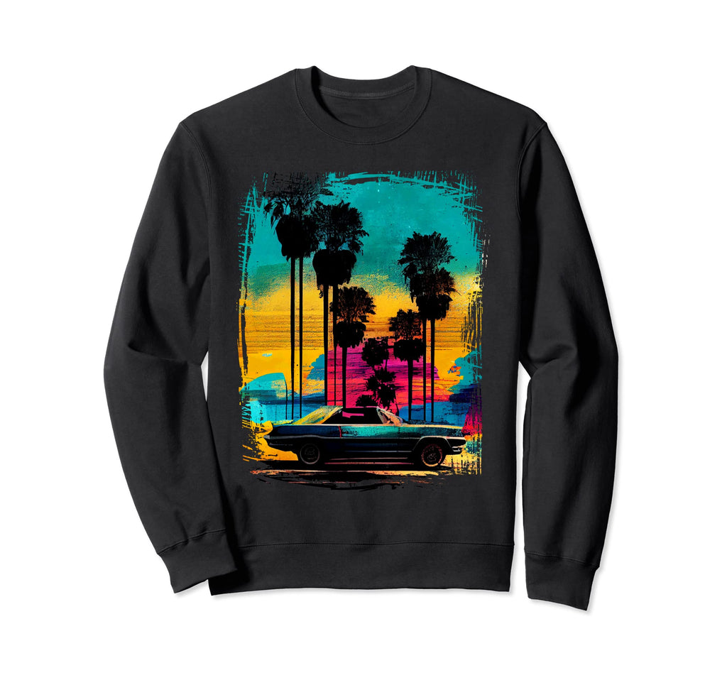 Car And Palm Tree Sunset 80S 90S Sweatshirt - Trendy Graphic Unisex - T-Shirt, Sweatshirt, Hoodie