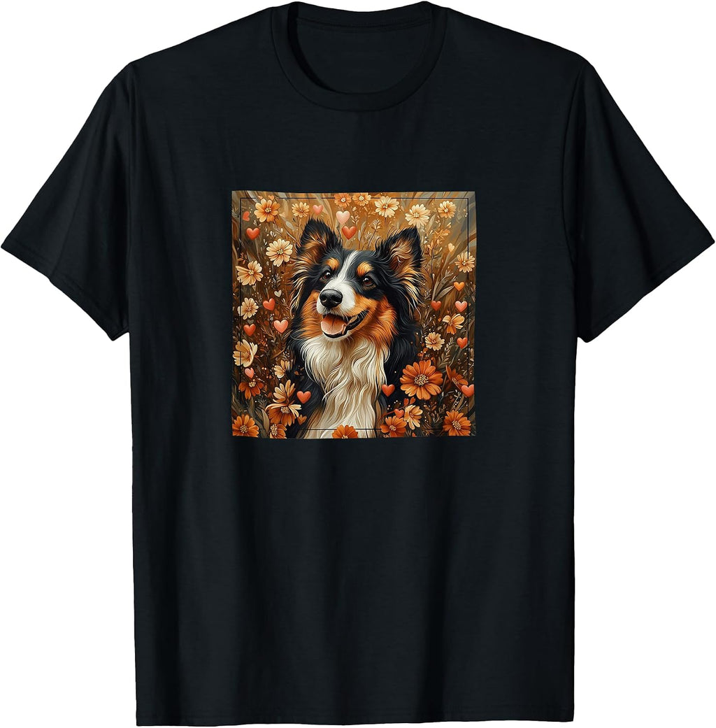 Collie Dog Flowers With Hearts Around Boho Merch - Adult & Kids T-Shirts, Sweatshirts & Hoodies apparel design preview 1