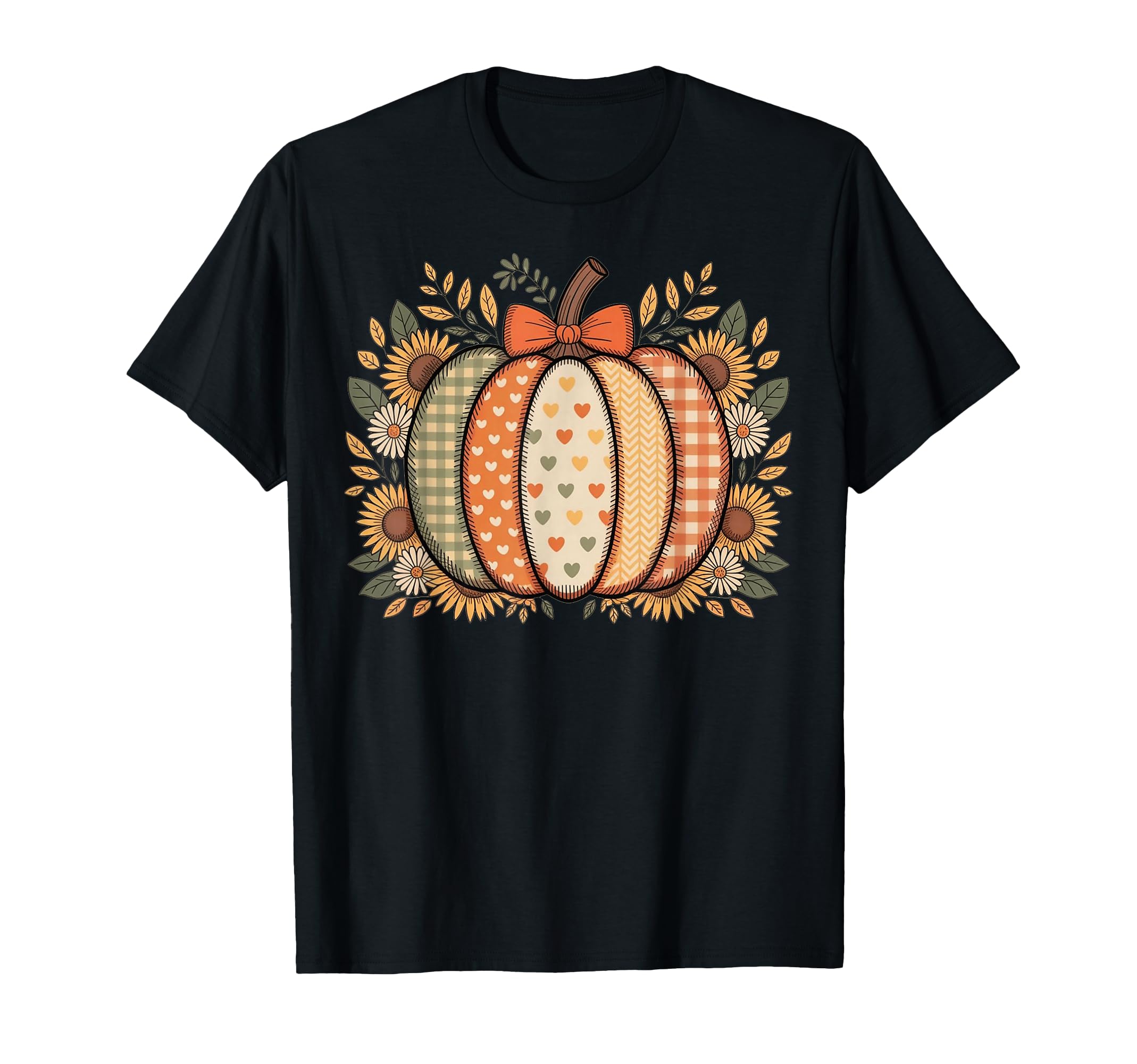 Floral Fall Patchwork Boho Pumpkin Bow T-Shirt - Graphic Print Men Women - T-Shirt, Sweatshirt, Hoodie
