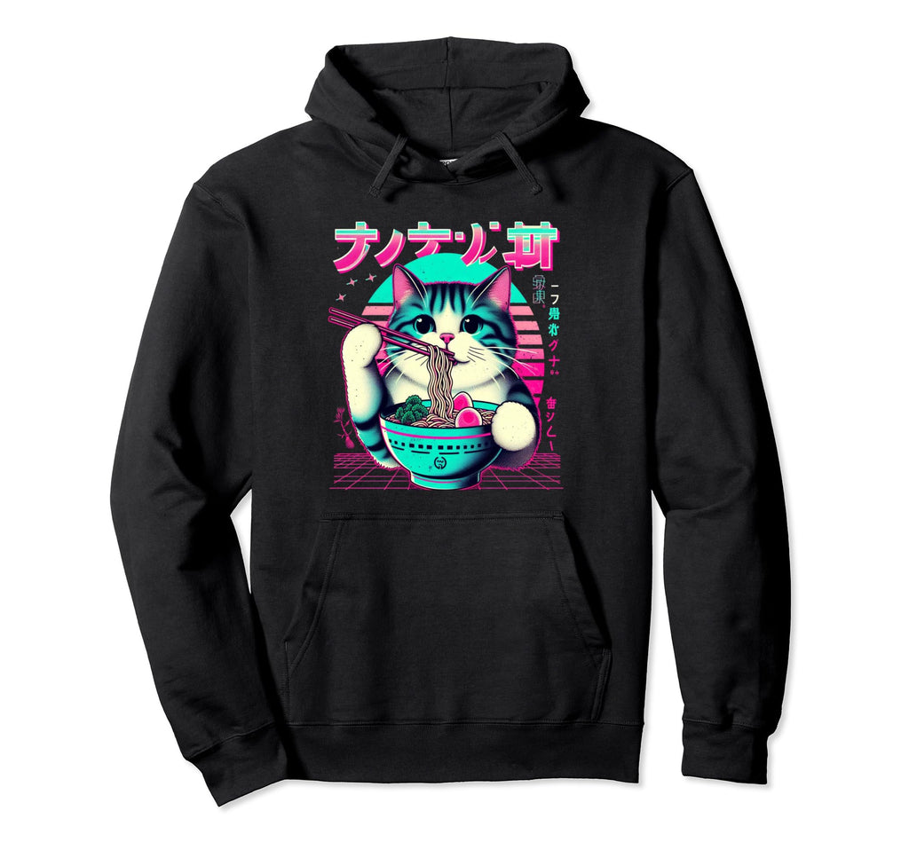 Ramen Cat Vaporwave Japanese Hoodie - Minimalist Print for Adults - T-Shirt, Sweatshirt, Hoodie