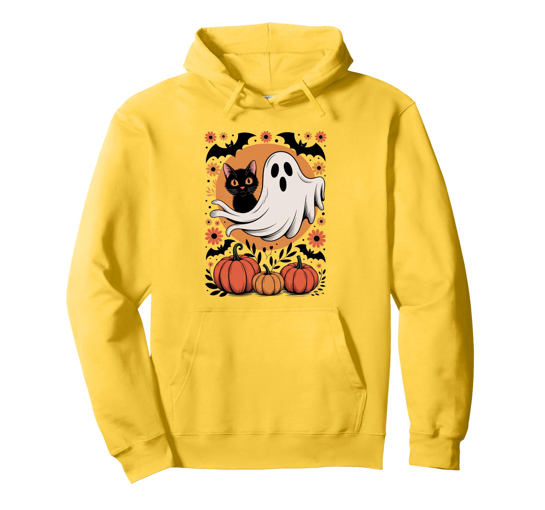 Halloween Cat Ghost Preppy Boho Floral Hoodie - Minimalist Print Unisex - T-Shirt, Sweatshirt, Hoodie