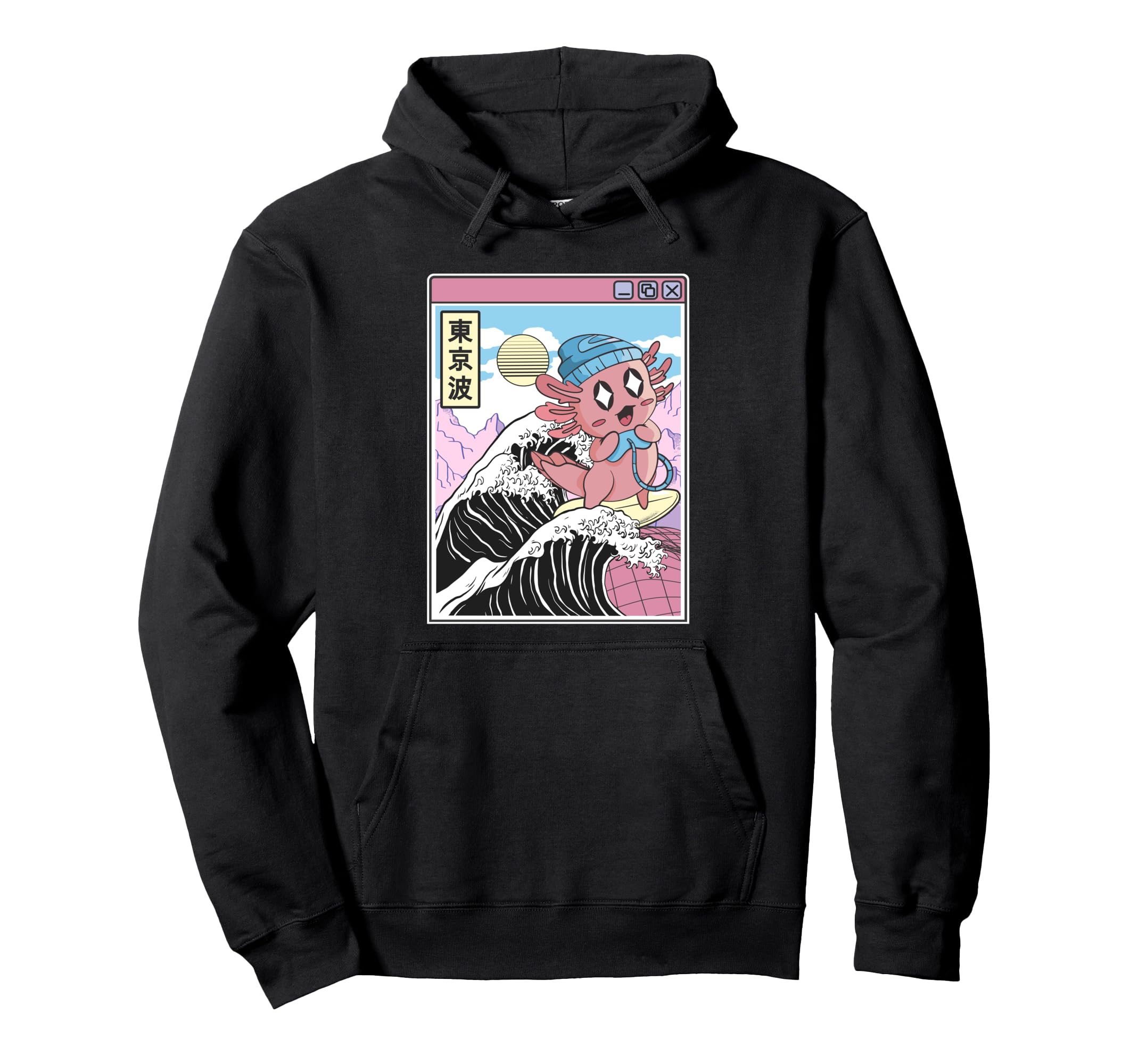 Gaming Axolotl Surfing Kanagawa Wave Hoodie - Aesthetic Graphic Men Women - T-Shirt, Sweatshirt, Hoodie