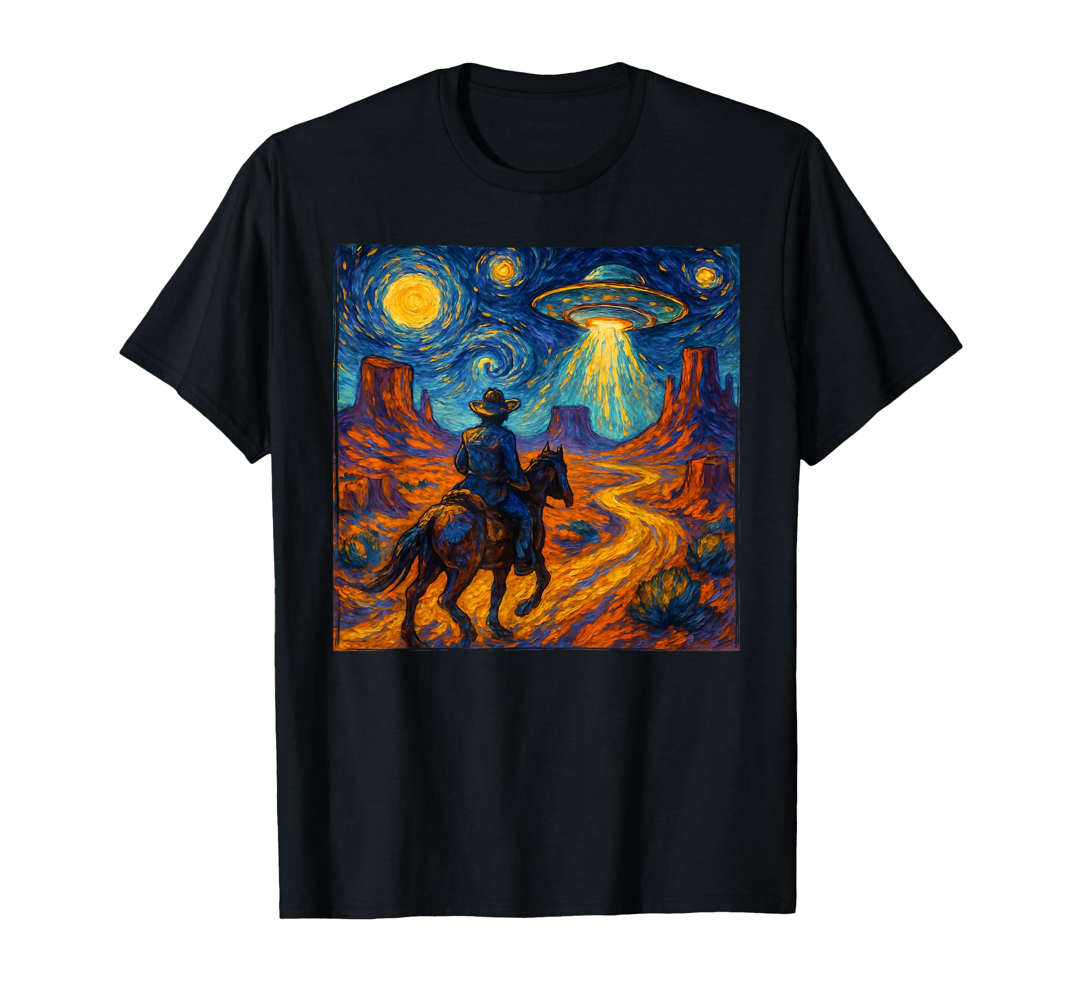 Starry Night Space Cowboy Ufo Van Gogh T-Shirt - Unique Graphic for Adults - T-Shirt, Sweatshirt, Hoodie