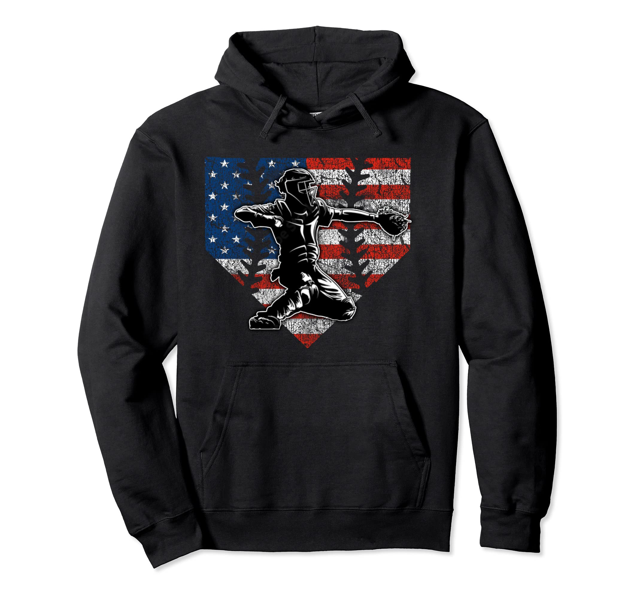 Baseball Catcher American Flag Home Hoodie - Fun Novelty Design Men Women - T-Shirt, Sweatshirt, Hoodie