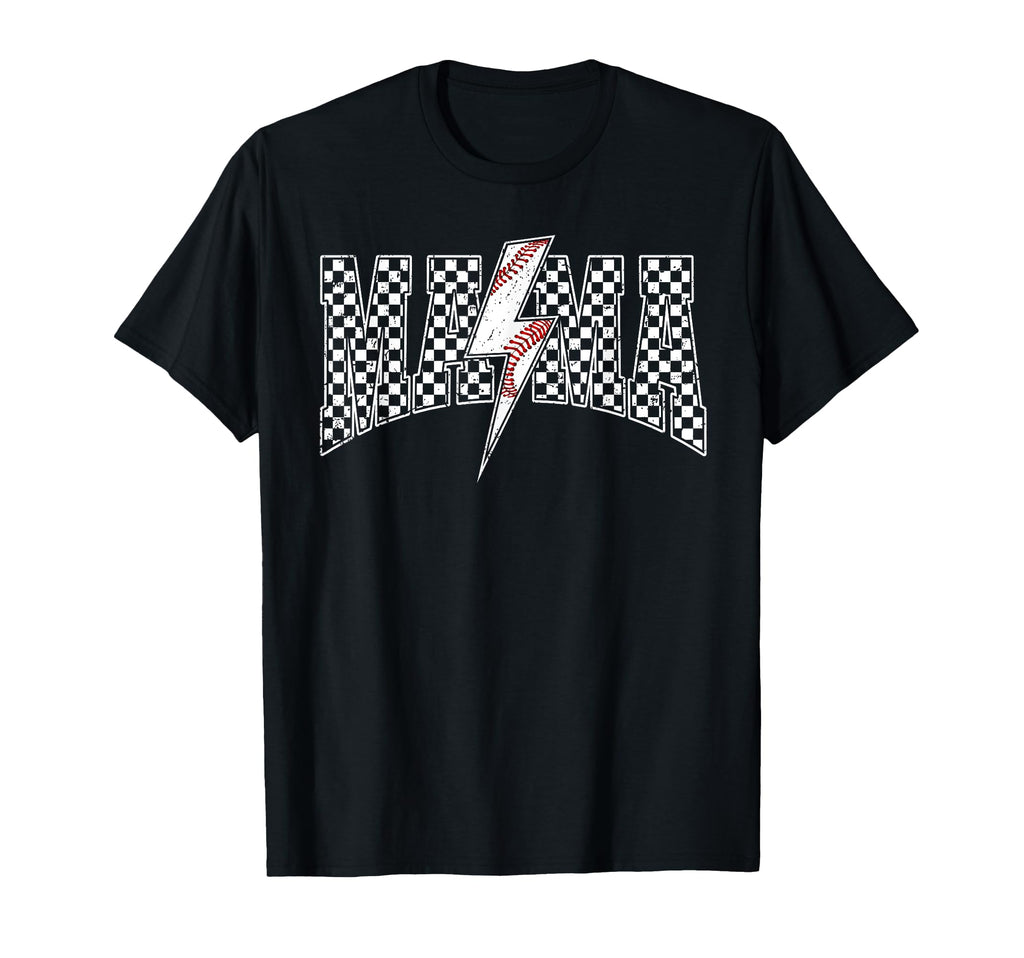 Mama Lightning Bolt Checkered Baseball T-Shirt - Unique Graphic for Adults - T-Shirt, Sweatshirt, Hoodie
