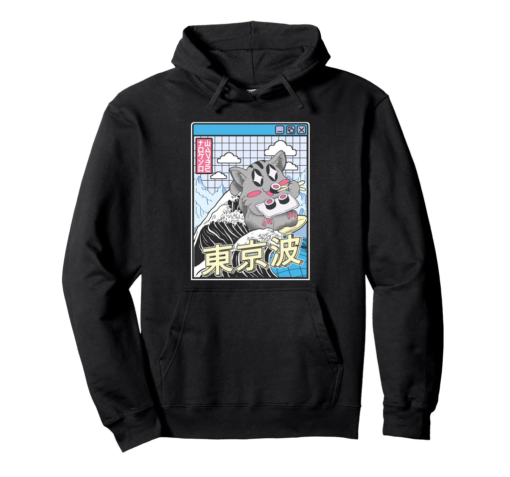 Cat Eating Sushi Surfing Kanagawa Wave Hoodie - Graphic Print Men Women - T-Shirt, Sweatshirt, Hoodie