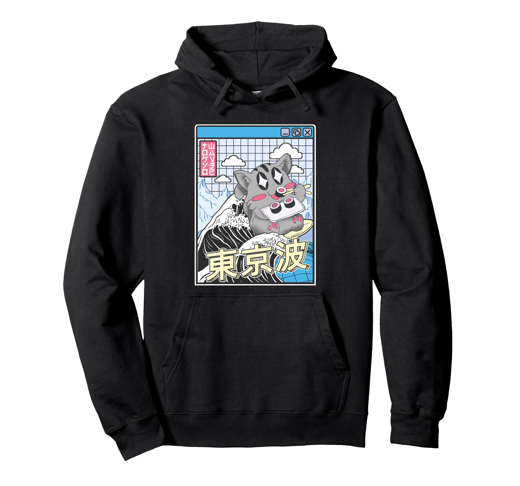 Cat Eating Sushi Surfing Kanagawa Wave Hoodie - Graphic Print Men Women - T-Shirt, Sweatshirt, Hoodie