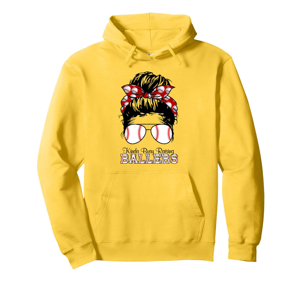Kinda Busy Raising Ballers Messy Bun Hoodie - Graphic Print for Adults - T-Shirt, Sweatshirt, Hoodie