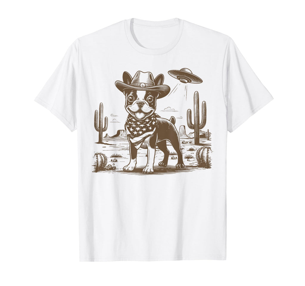 Boston Terrier Cowboy Western Ufo T-Shirt - Minimalist Print Men Women - T-Shirt, Sweatshirt, Hoodie
