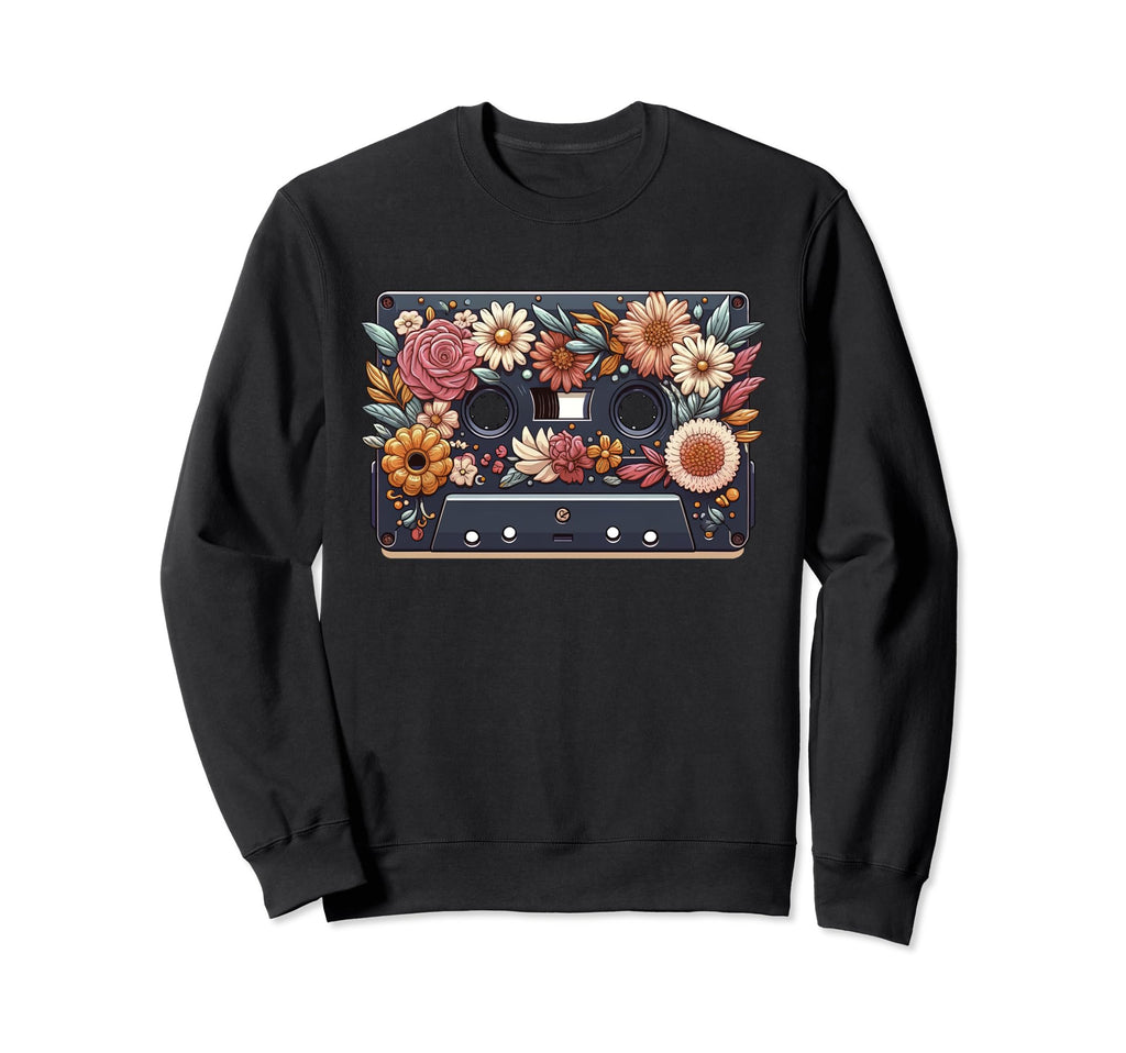 80S Cassette Tape Boho Flower Sweatshirt - Minimalist Print Unisex - T-Shirt, Sweatshirt, Hoodie