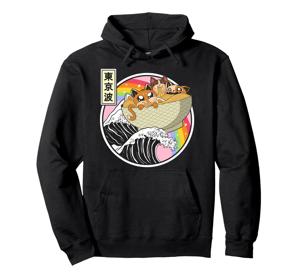 Cats Eating Ramen Kanagawa Wave Kawaii Hoodie - Trendy Graphic Unisex - T-Shirt, Sweatshirt, Hoodie