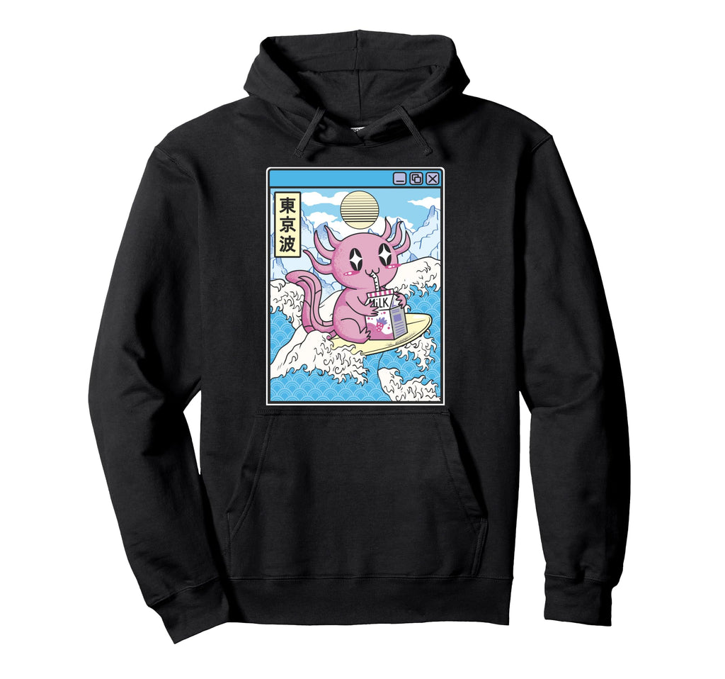 Surfing Axolotl Drinking Strawberry Milk Hoodie - Trendy Graphic Men Women - T-Shirt, Sweatshirt, Hoodie