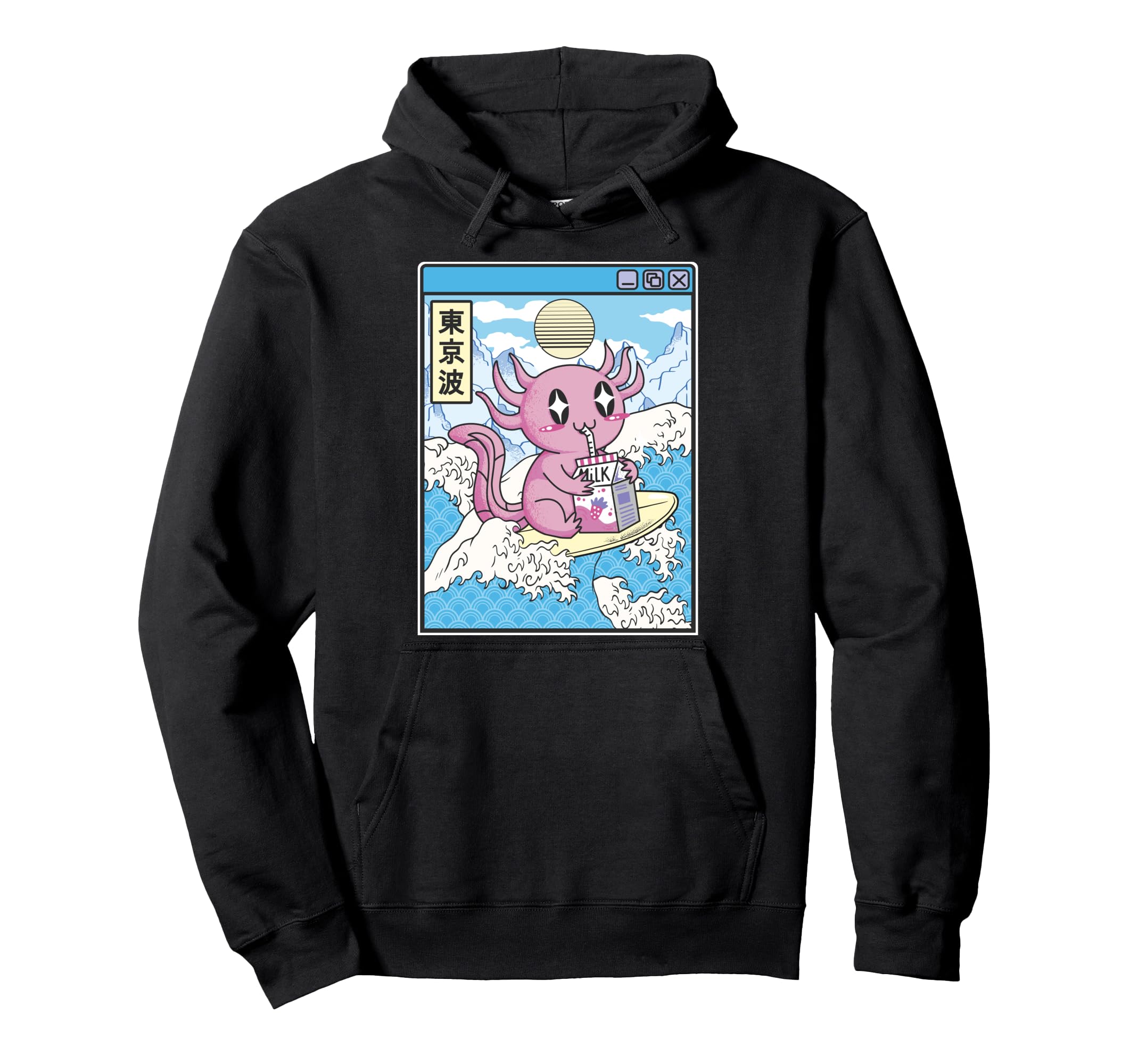 Surfing Axolotl Drinking Strawberry Milk Hoodie - Trendy Graphic Men Women - T-Shirt, Sweatshirt, Hoodie