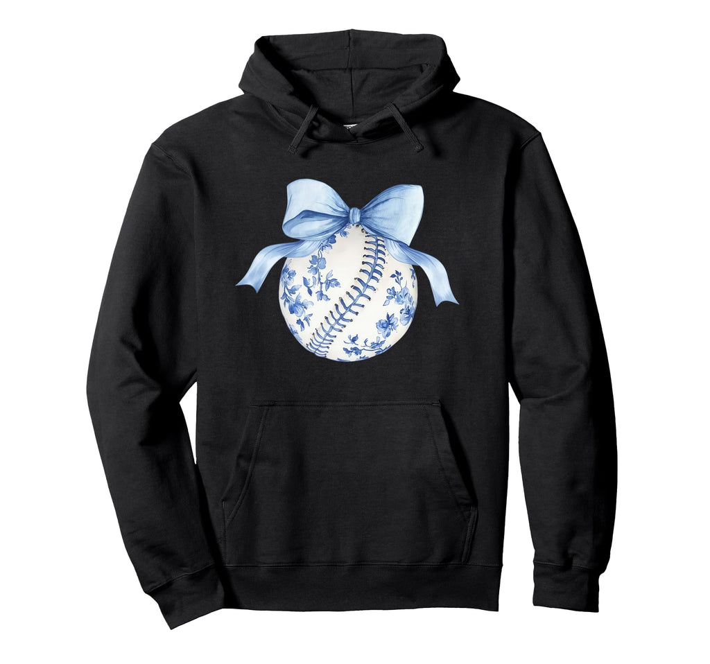 Blue Chinoiserie Baseball Coquette Bow Hoodie - Novelty Apparel Unisex - T-Shirt, Sweatshirt, Hoodie