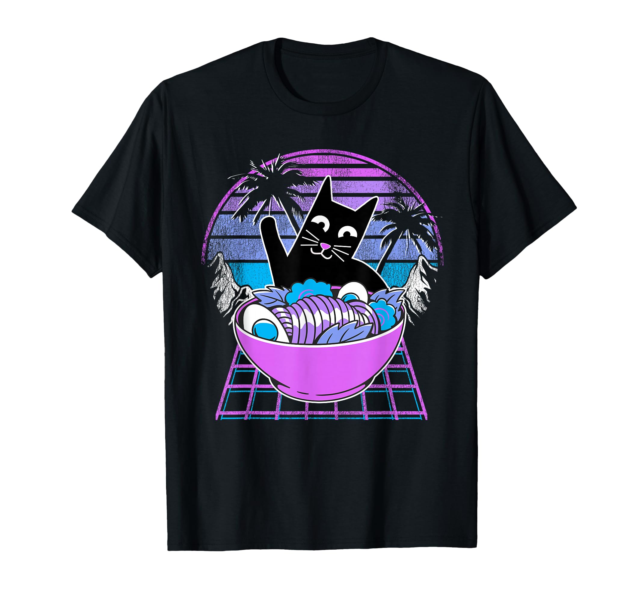 Ramen Cat Anime Retrowave Sunset 80S T-Shirt - Minimalist Print Men Women - T-Shirt, Sweatshirt, Hoodie