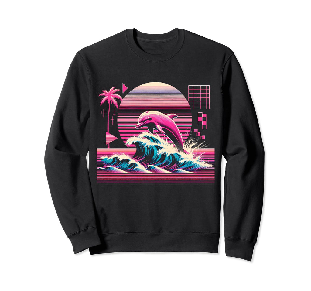 Palm Sunset Dolphin 80S 90S Sweatshirt - Minimalist Print for Adults - T-Shirt, Sweatshirt, Hoodie