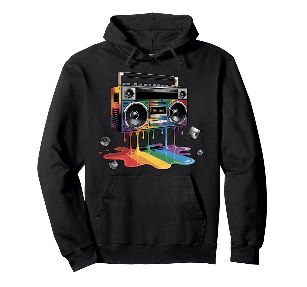 Rainbow Dripping Paint Boombox Hoodie - Minimalist Print for Adults - T-Shirt, Sweatshirt, Hoodie
