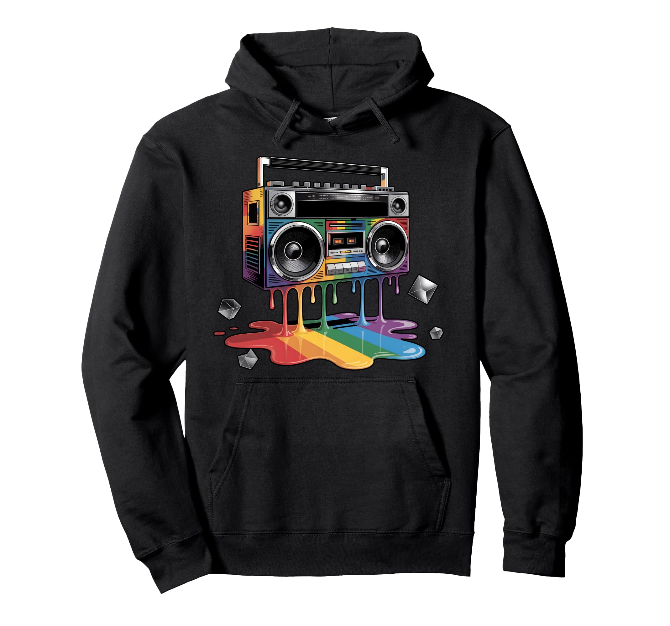 Rainbow Dripping Paint Boombox Hoodie - Minimalist Print for Adults - T-Shirt, Sweatshirt, Hoodie