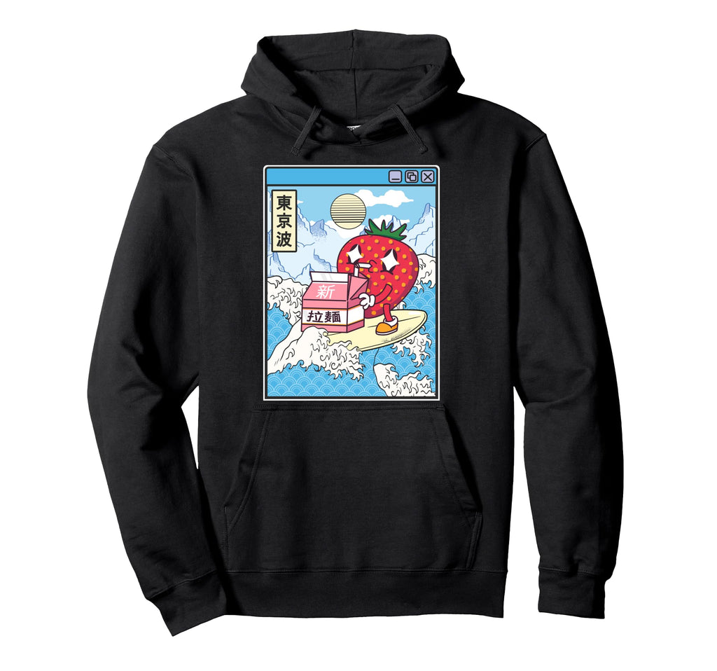 Surfing Strawberry Drinking Milk Japan Hoodie - Streetwear Style Men Women - T-Shirt, Sweatshirt, Hoodie