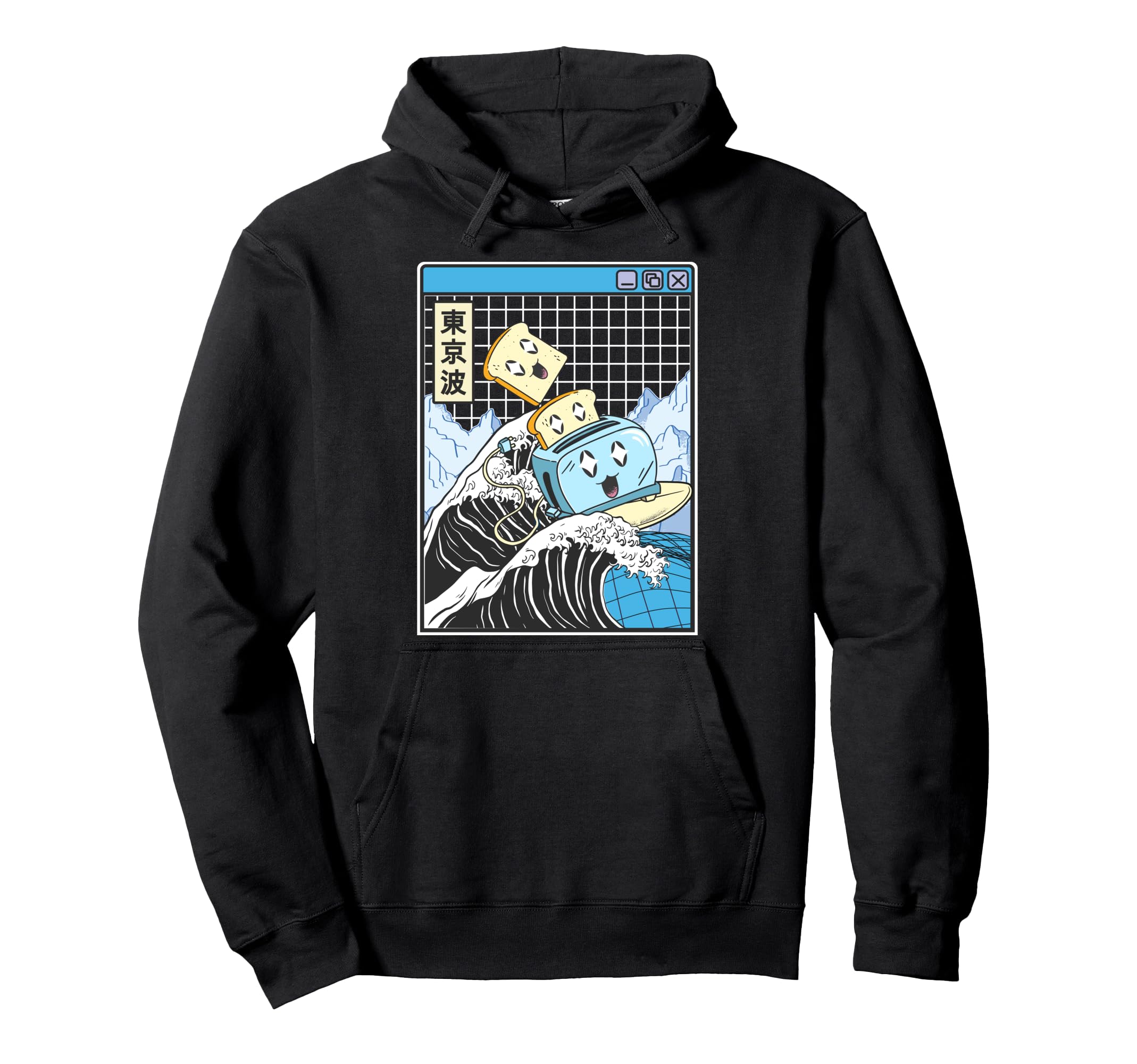 Happy Toaster Surfing Kanagawa Japan Hoodie - Minimalist Print for Adults - T-Shirt, Sweatshirt, Hoodie