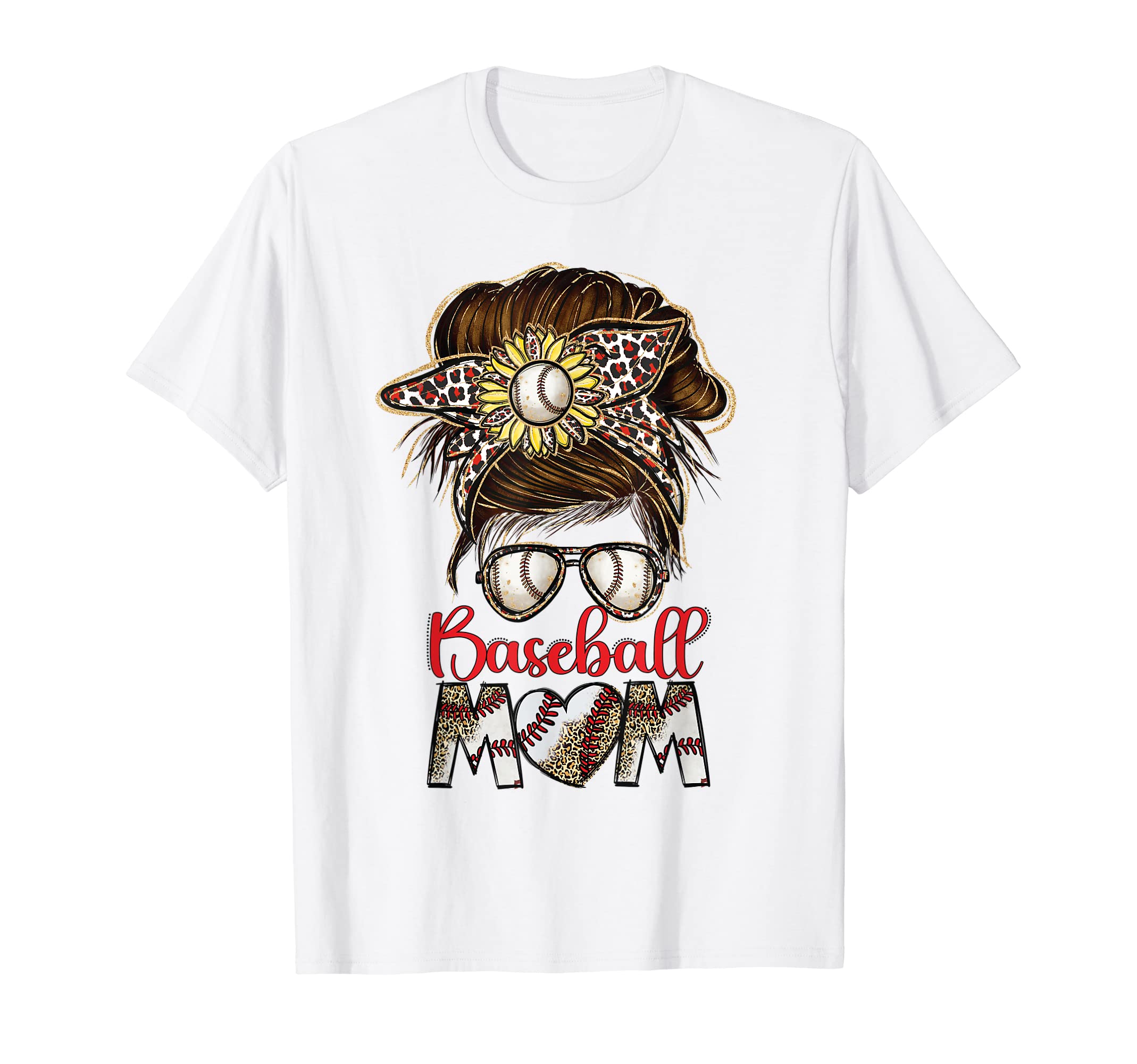 Baseball Mom Messy Bun Leopard T-Shirt - Fun Novelty Design for Adults - T-Shirt, Sweatshirt, Hoodie