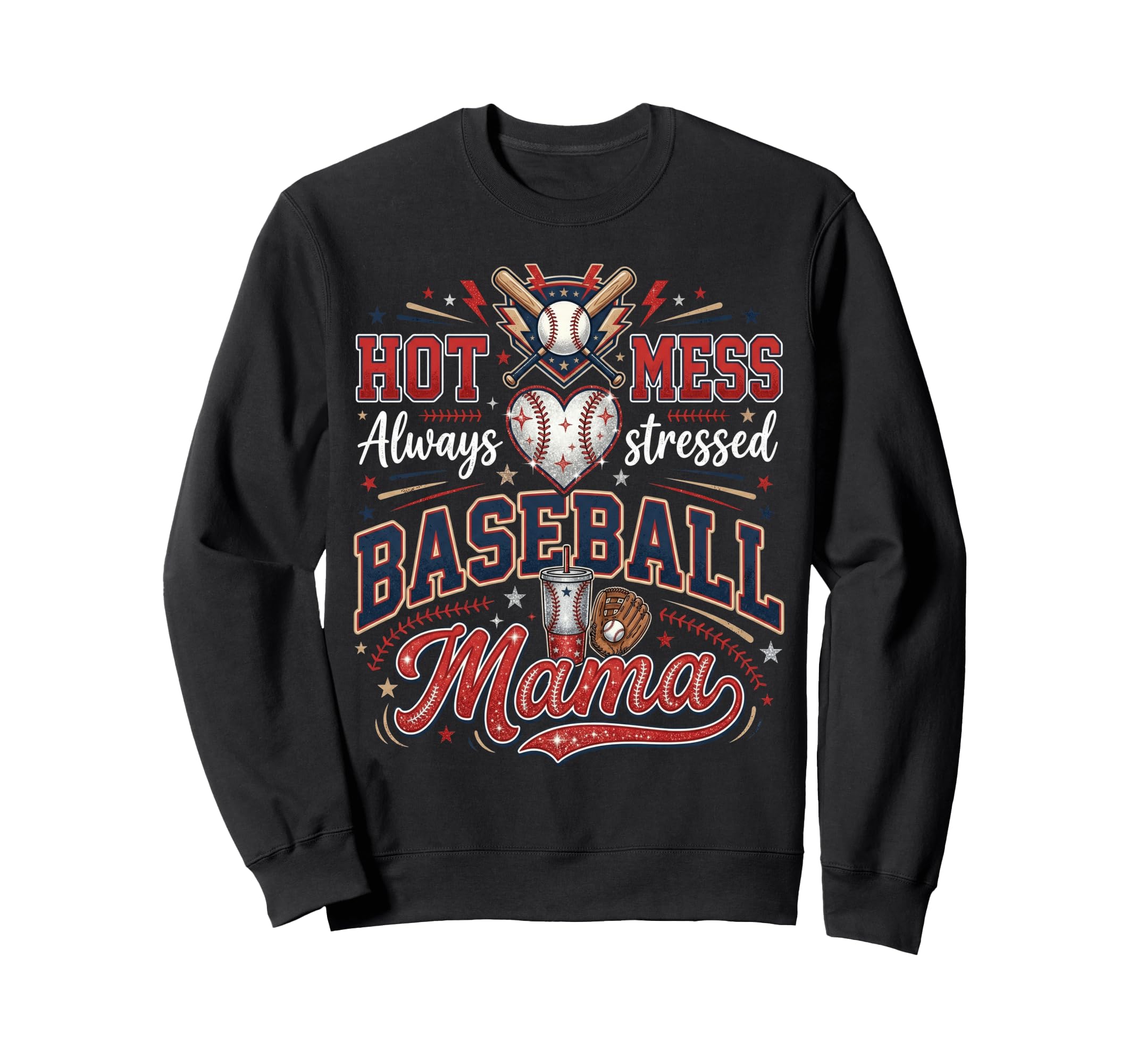 Hot Mess Always Stressed Baseball Sweatshirt - Minimalist Print for Adults - T-Shirt, Sweatshirt, Hoodie