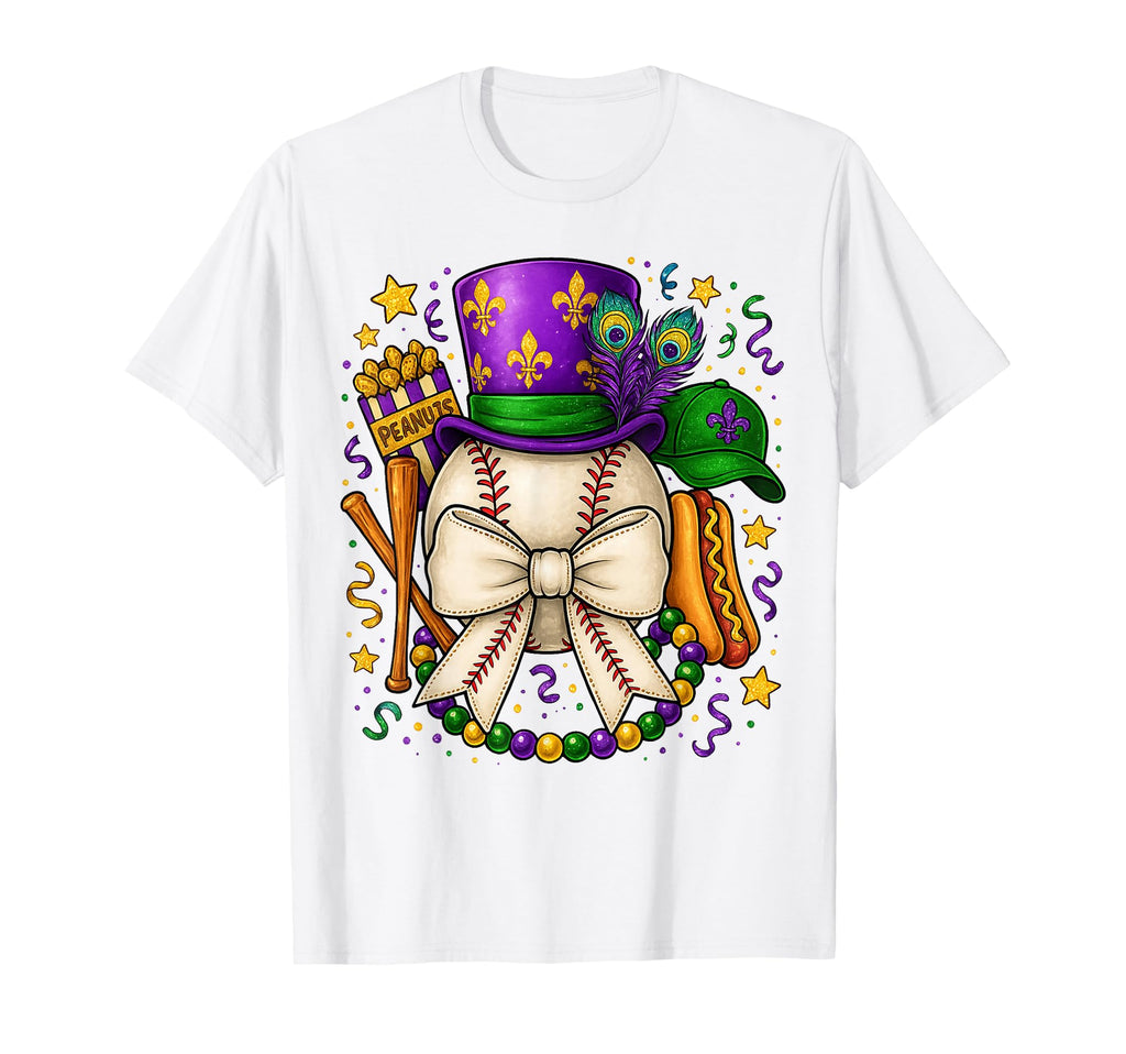 Hugvyn Mardi Gras Baseball Mom Coquette Bow T-Shirt - Graphic Print Unisex - T-Shirt, Sweatshirt, Hoodie