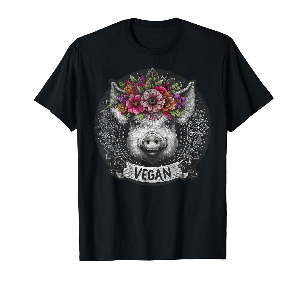 Pig Flowers Vegan Boho Hippie T-Shirt - Graphic Print for Adults - T-Shirt, Sweatshirt, Hoodie