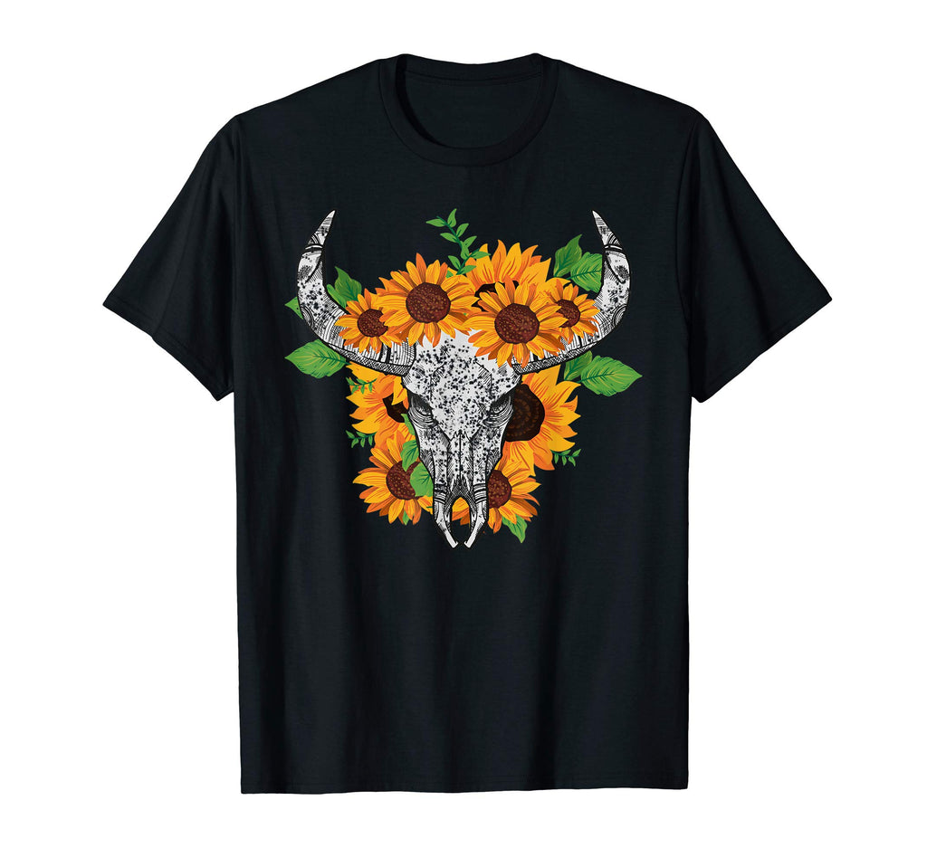 Cow Bull Skull Sunflower Distressed T-Shirt - Custom Art Print Unisex - T-Shirt, Sweatshirt, Hoodie