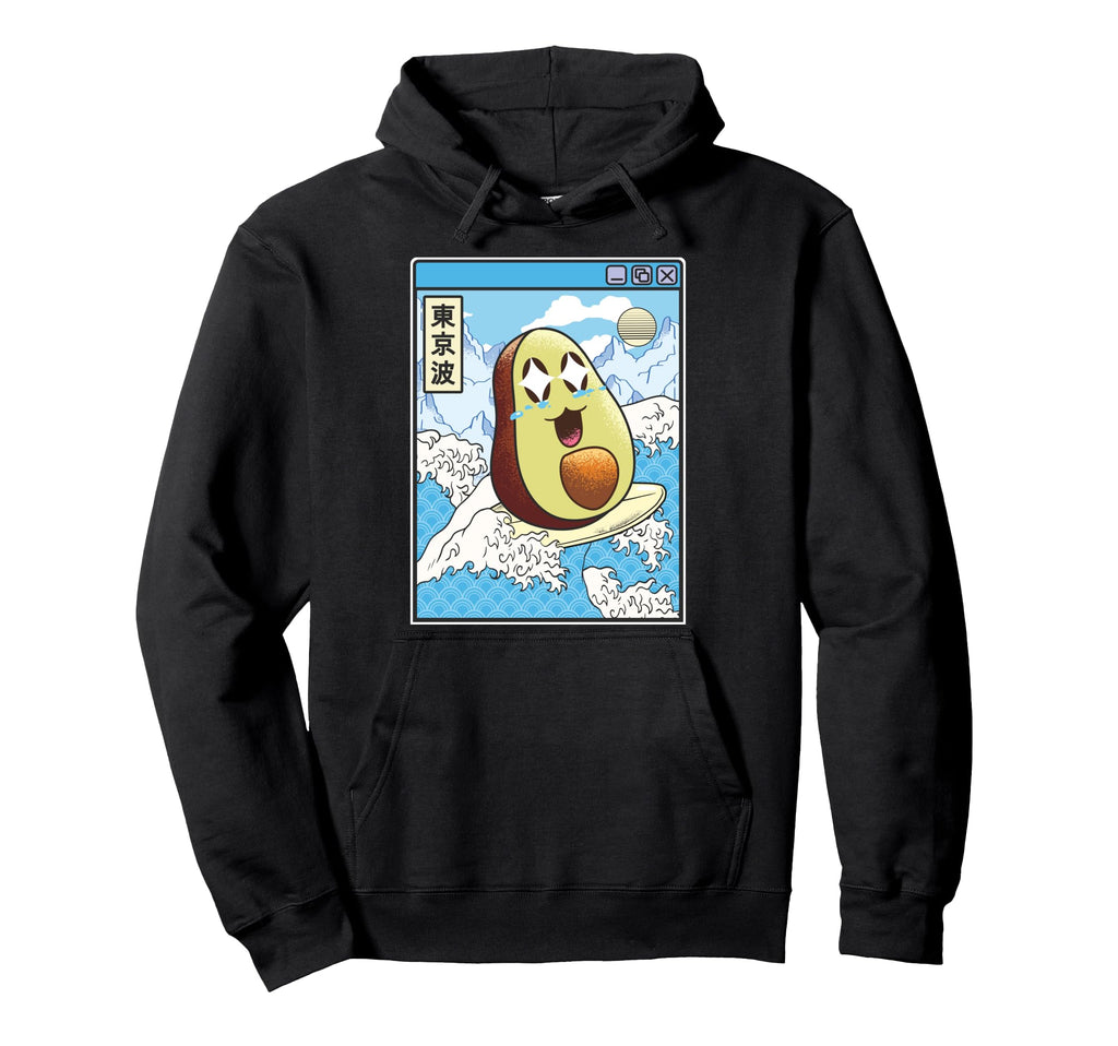 Happy Avocado Surfing Japanese Waves Hoodie - Custom Art Print Men Women - T-Shirt, Sweatshirt, Hoodie