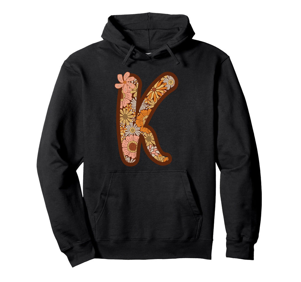 Letter K Initial Floral Monogram Boho Daisy Hoodie - Unique Graphic Unisex - T-Shirt, Sweatshirt, Hoodie