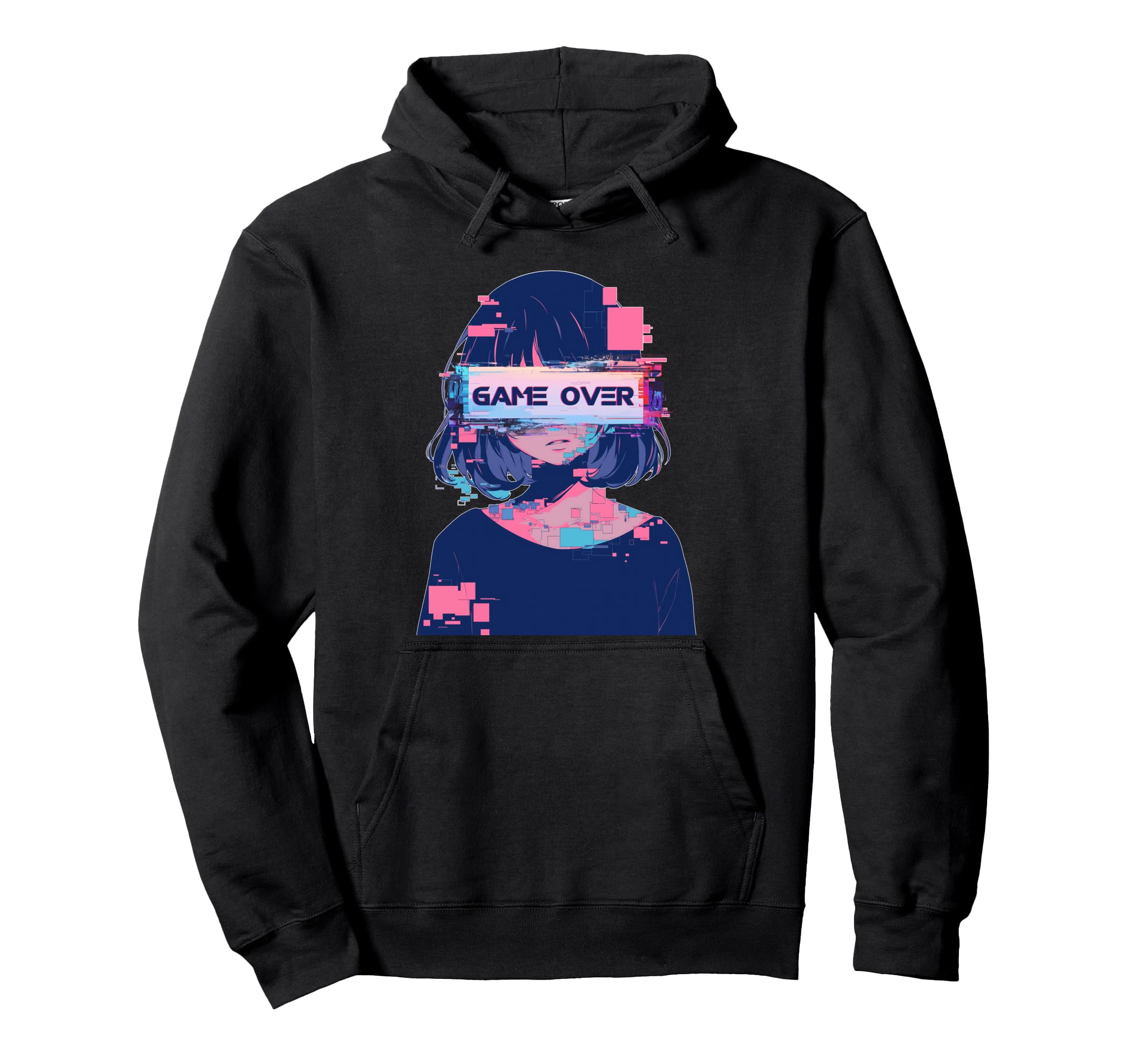 Game Over Sad Anime Vaporwave Glitch Hoodie - Unique Graphic for Adults - T-Shirt, Sweatshirt, Hoodie
