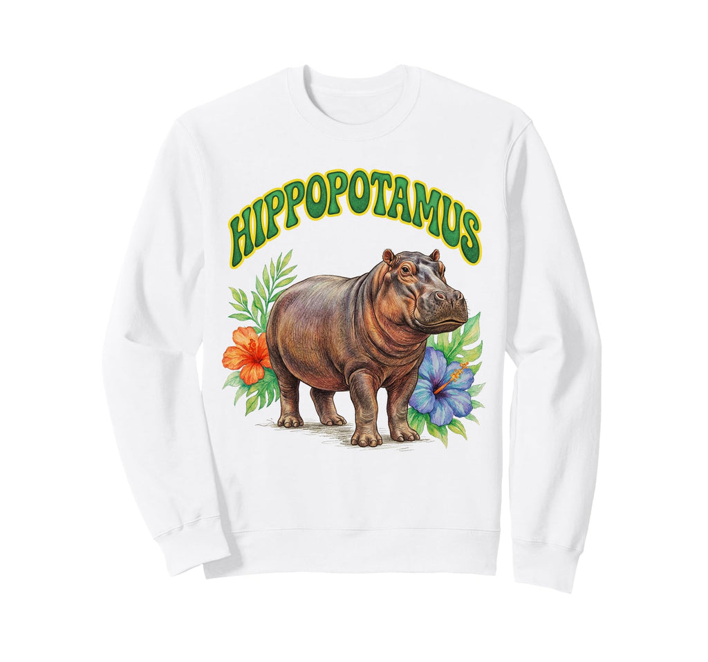 Hippopotamus Groovy Floral Hippo Sweatshirt - Minimalist Print for Adults - T-Shirt, Sweatshirt, Hoodie