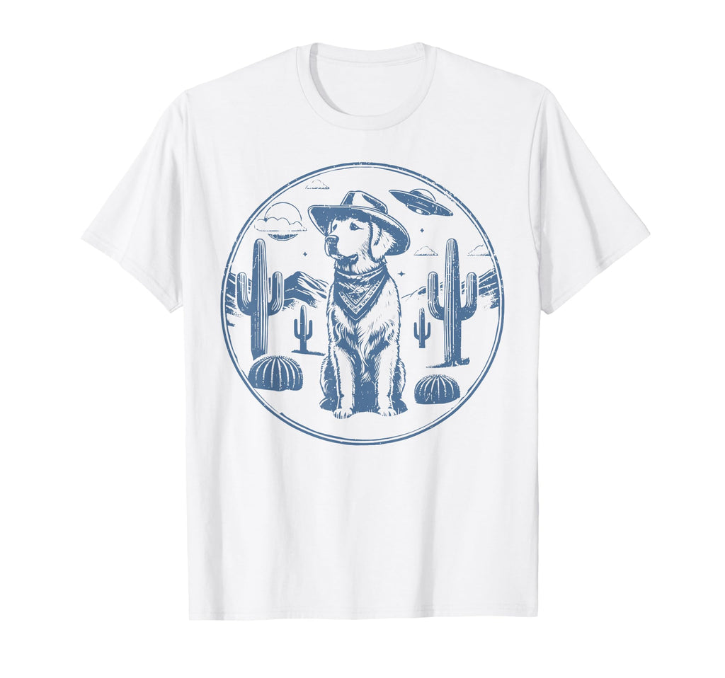 Golden Retriever Ufo 90S Western Cowboy T-Shirt - Aesthetic Graphic Unisex - T-Shirt, Sweatshirt, Hoodie