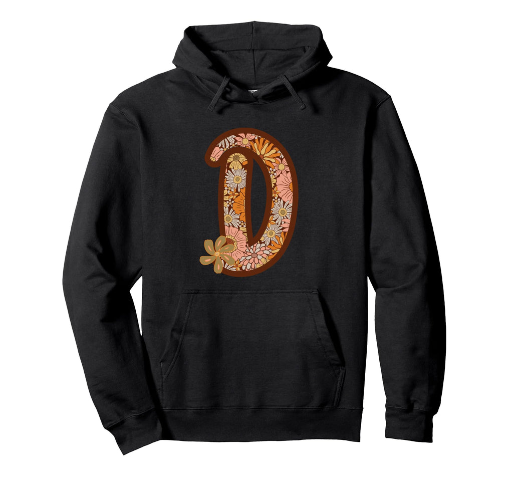 Letter D Initial Floral Monogram Boho Hoodie - Unique Graphic Men Women - T-Shirt, Sweatshirt, Hoodie