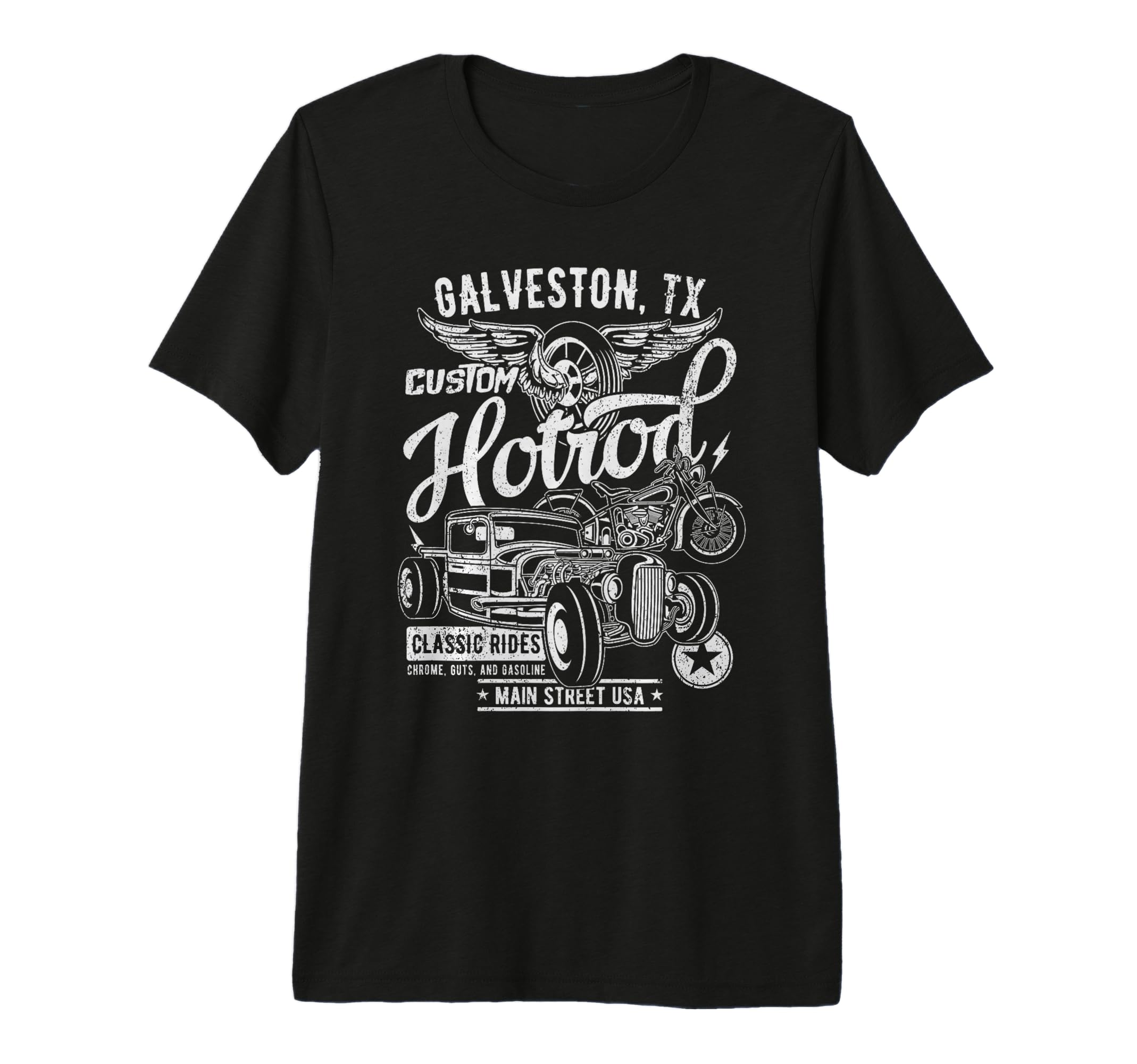 Galveston Texas Usa Distressed Hotrod T-Shirt - Trendy Graphic for Adults - T-Shirt, Sweatshirt, Hoodie