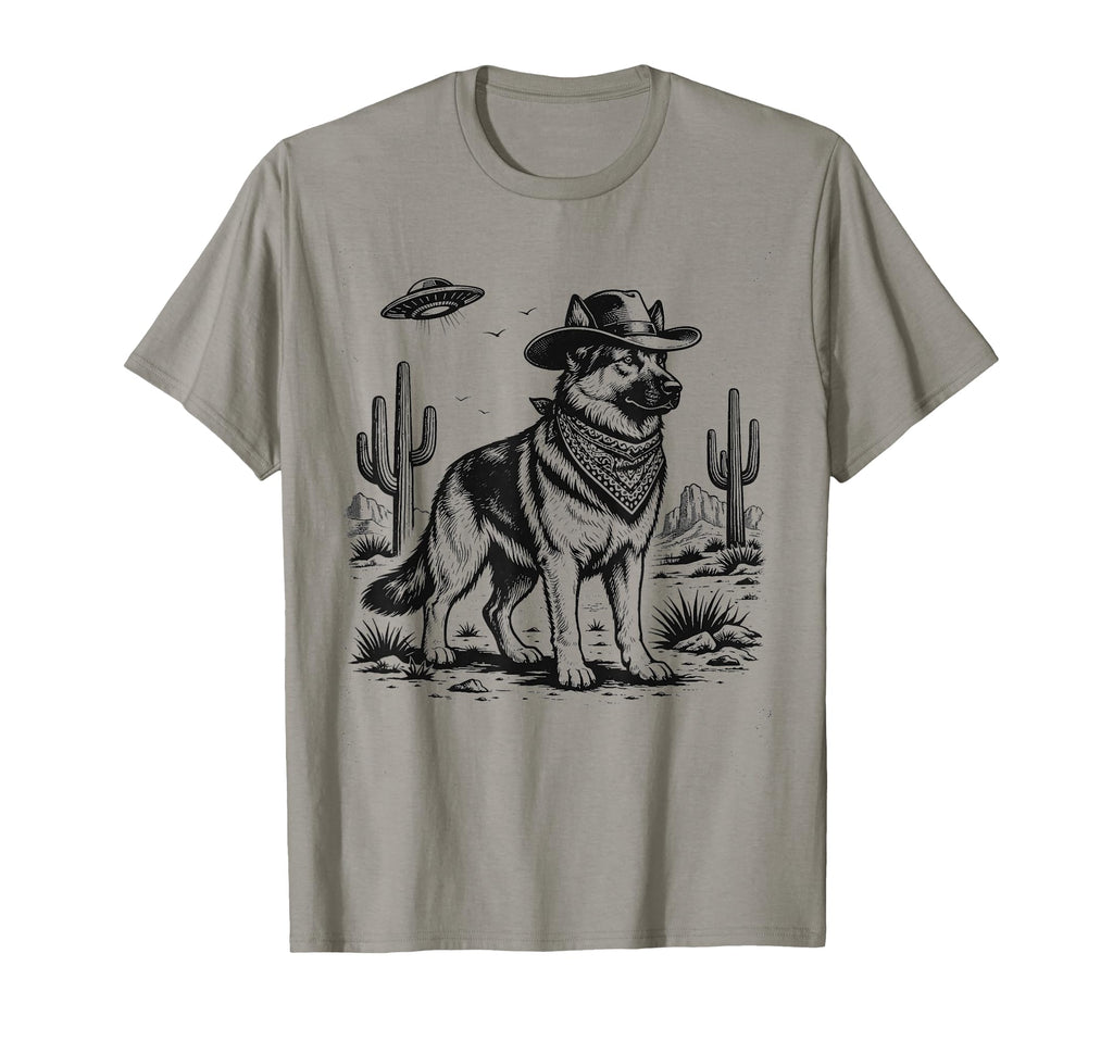 German Shepherd Cowboys Ufo Western Funny T-Shirt - Unique Graphic Unisex - T-Shirt, Sweatshirt, Hoodie