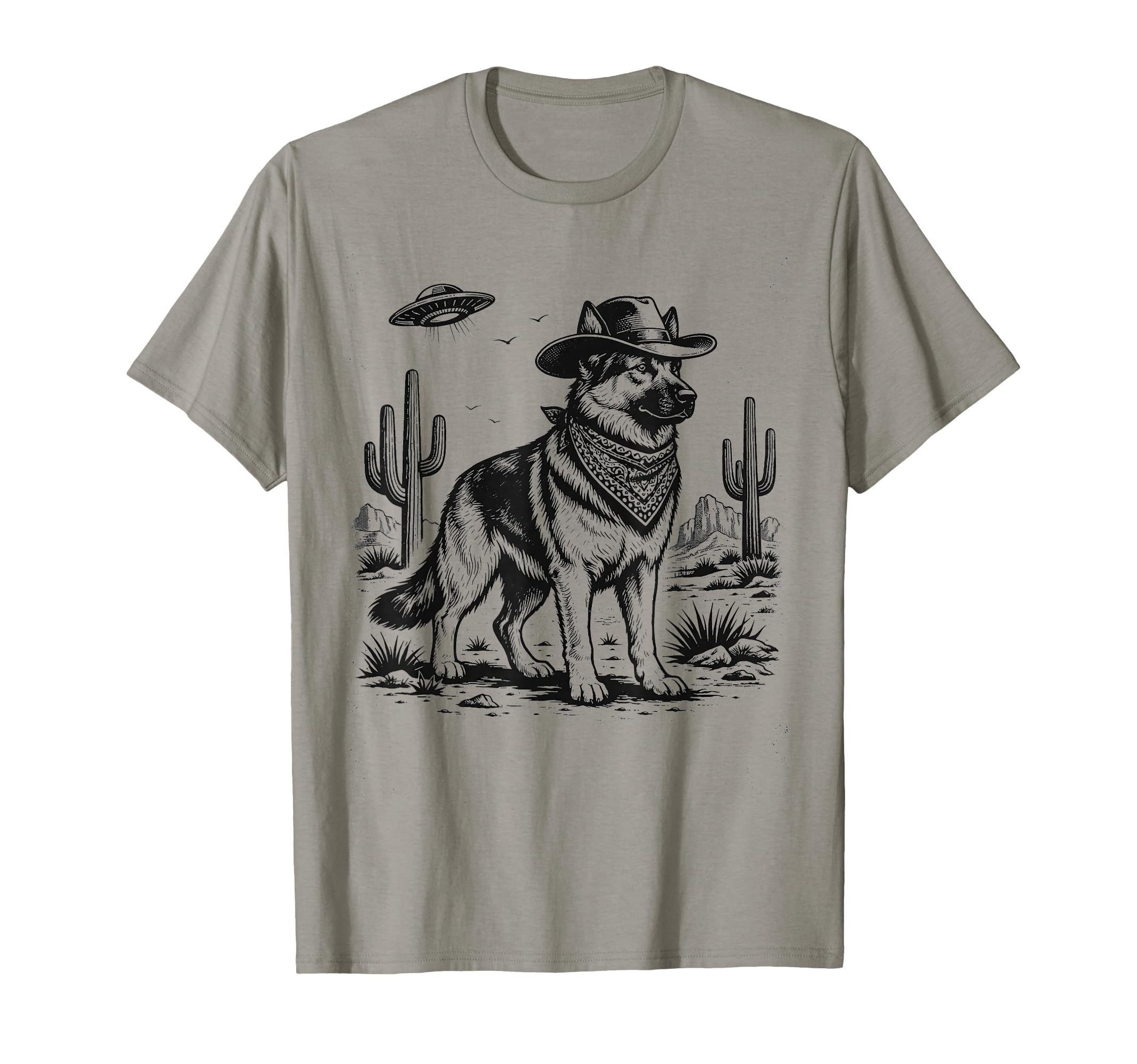 German Shepherd Cowboys Ufo Western Funny T-Shirt - Unique Graphic Unisex - T-Shirt, Sweatshirt, Hoodie