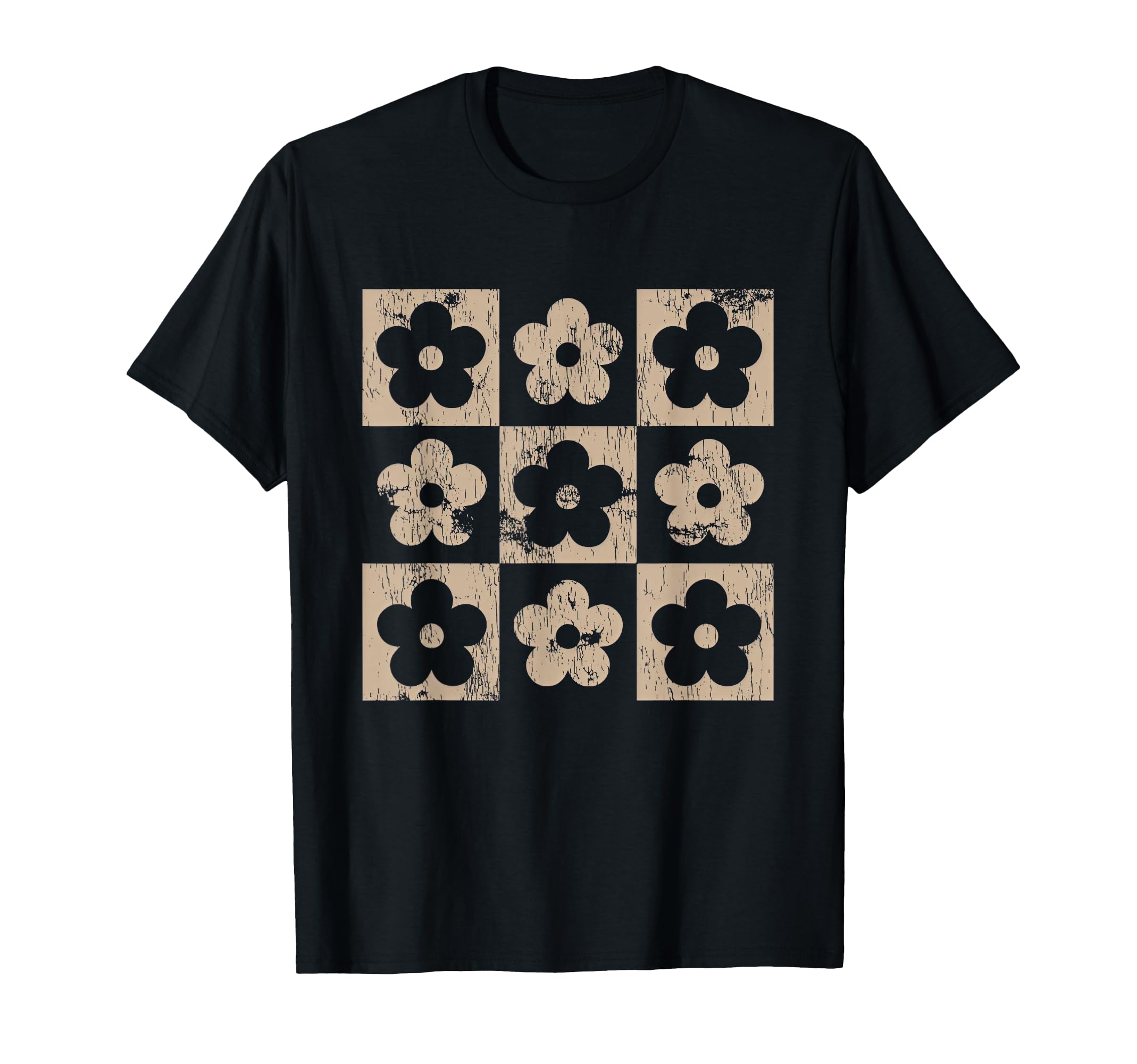 Neutral Checkerboard Daisy Flowers Boho T-Shirt - Streetwear Style Unisex - T-Shirt, Sweatshirt, Hoodie