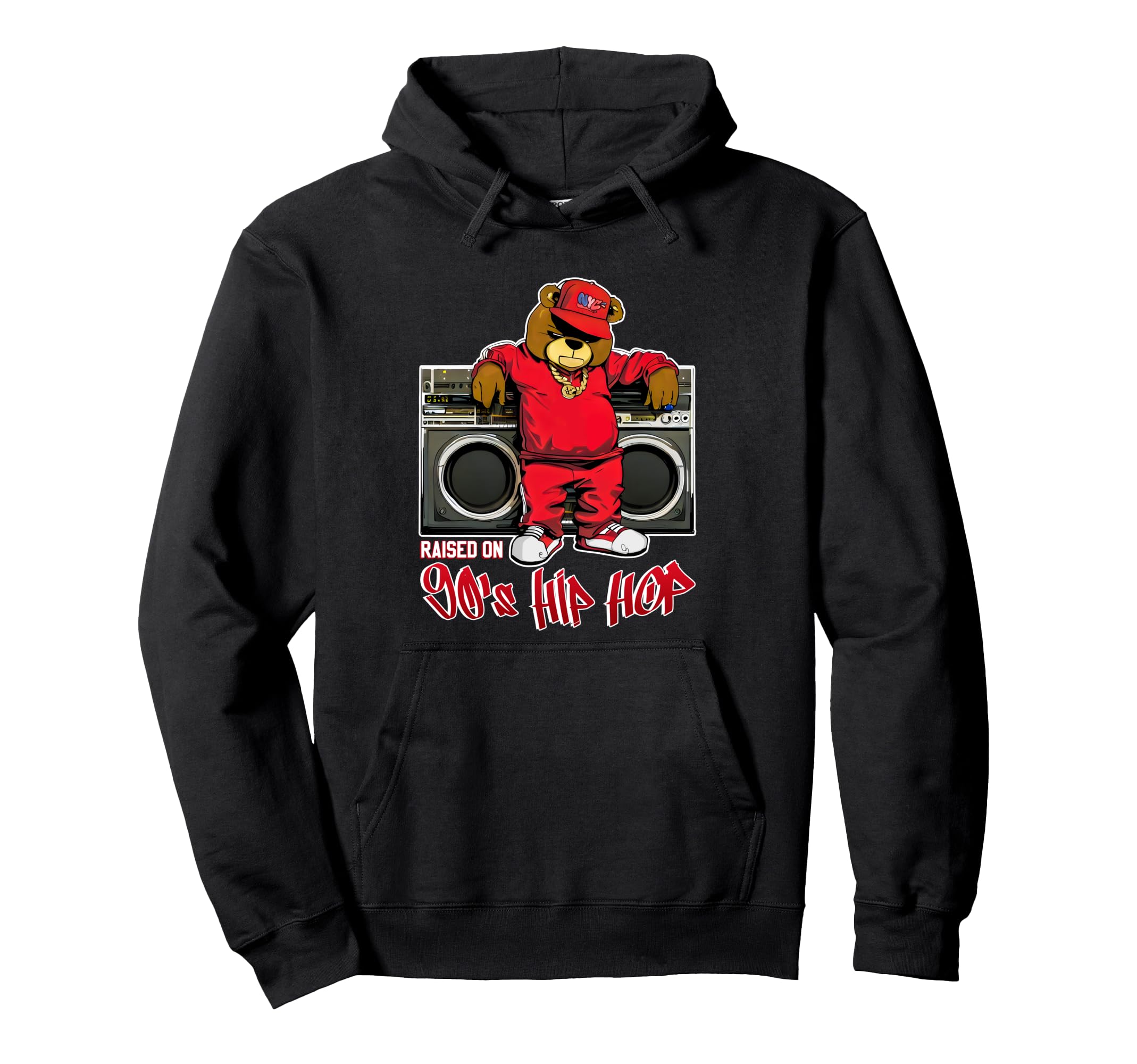 Raised 90S Hip Hop Old School Teddy Bear Hoodie - Trendy Graphic Men Women - T-Shirt, Sweatshirt, Hoodie