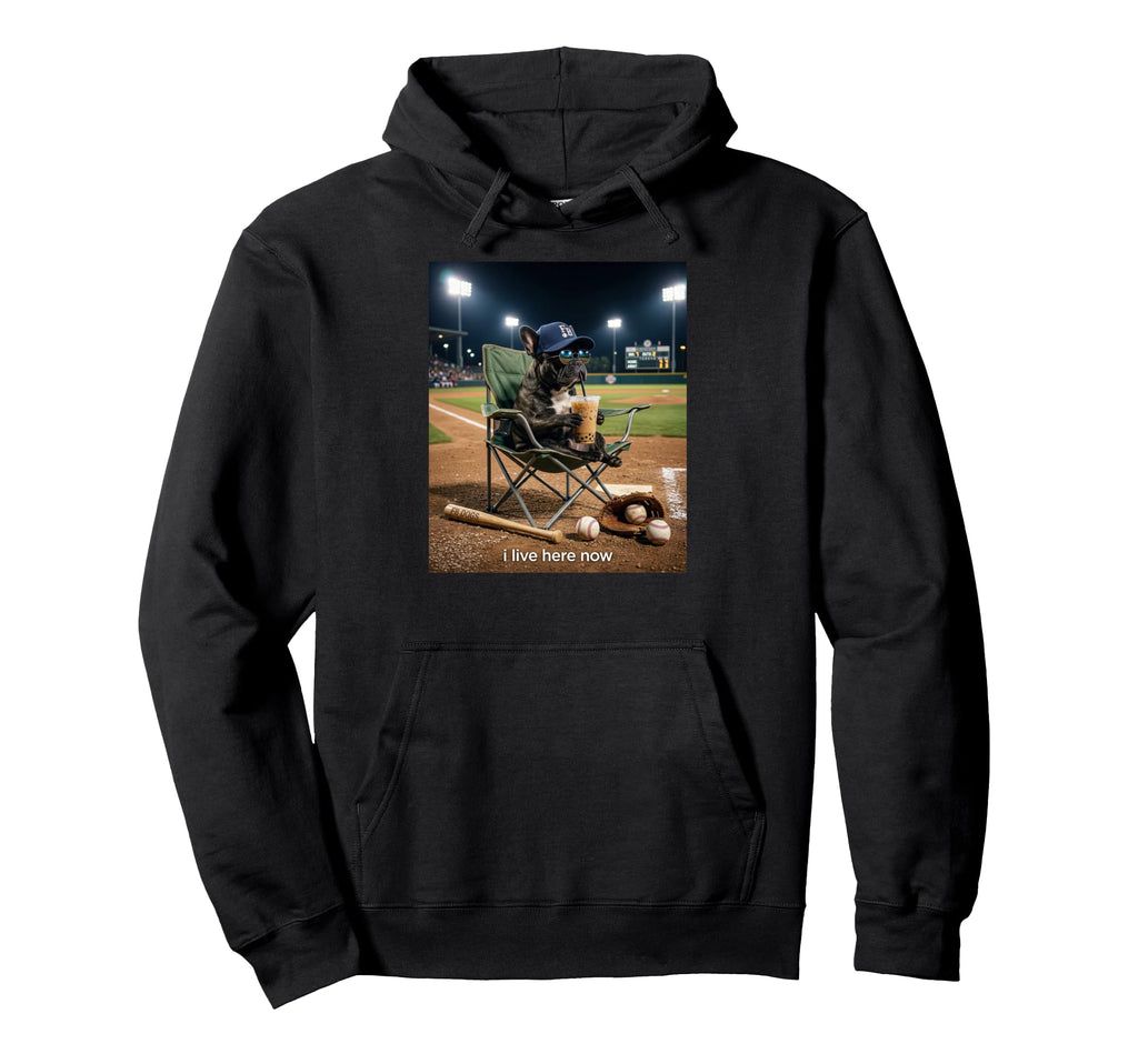 Funny Pug Dog Iced Coffee I Live Here Now Hoodie - Graphic Print Unisex - T-Shirt, Sweatshirt, Hoodie