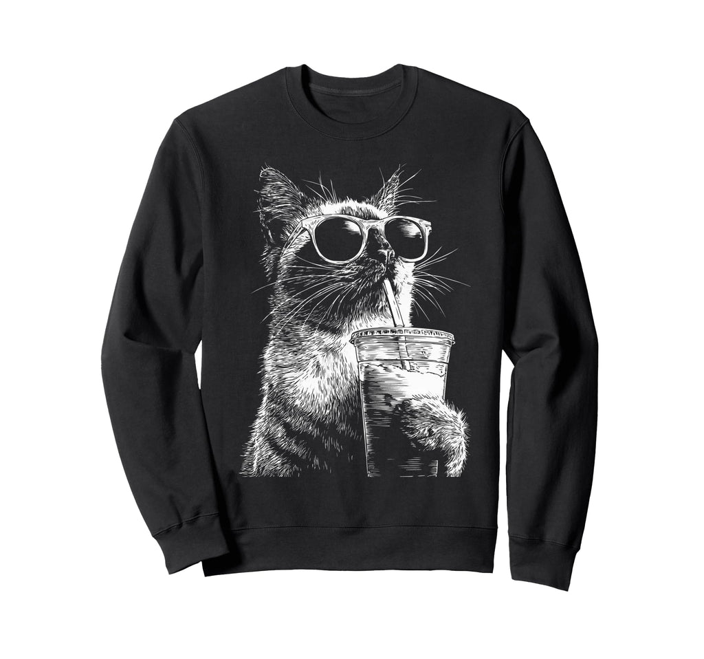 Cat Drinking Iced Coffee Funny Sweatshirt - Streetwear Style for Adults - T-Shirt, Sweatshirt, Hoodie