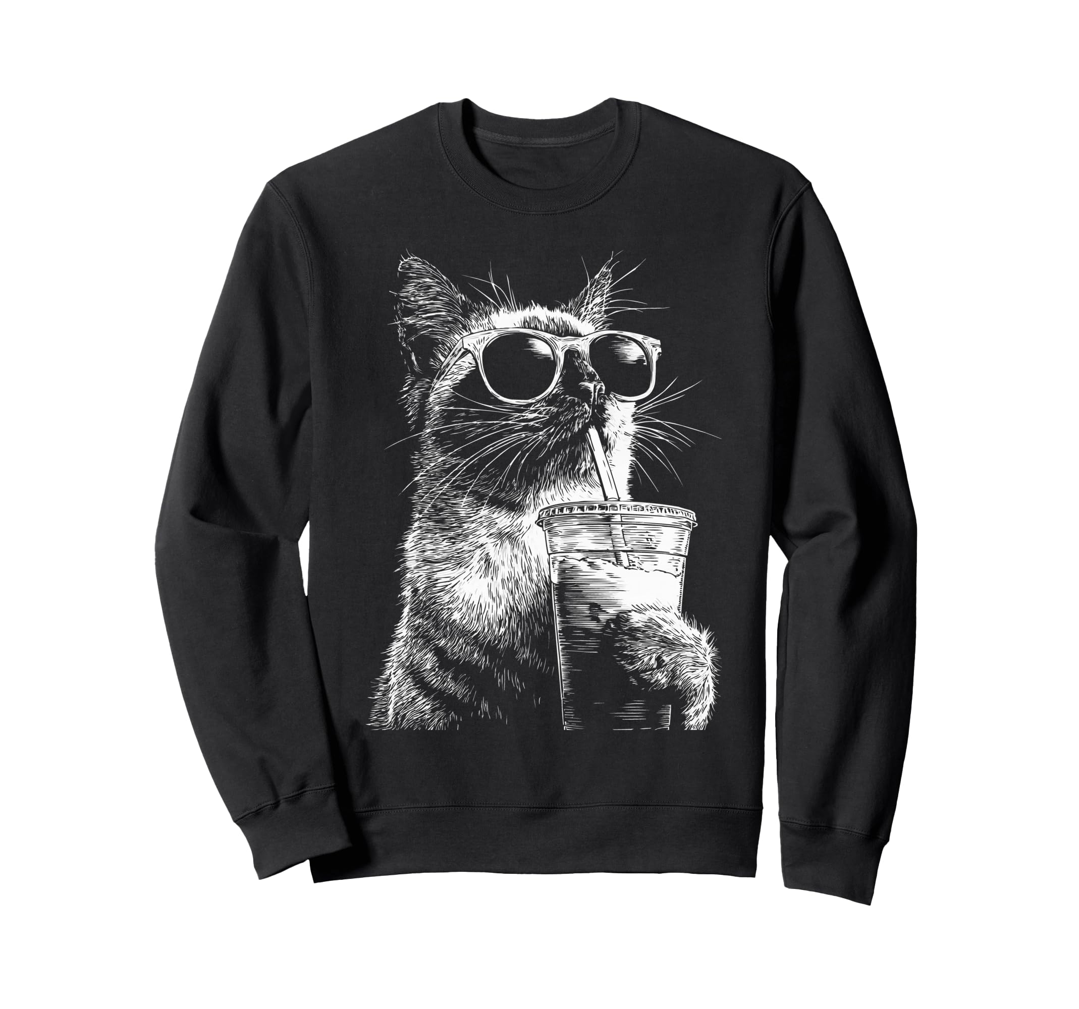 Cat Drinking Iced Coffee Funny Sweatshirt - Streetwear Style for Adults - T-Shirt, Sweatshirt, Hoodie