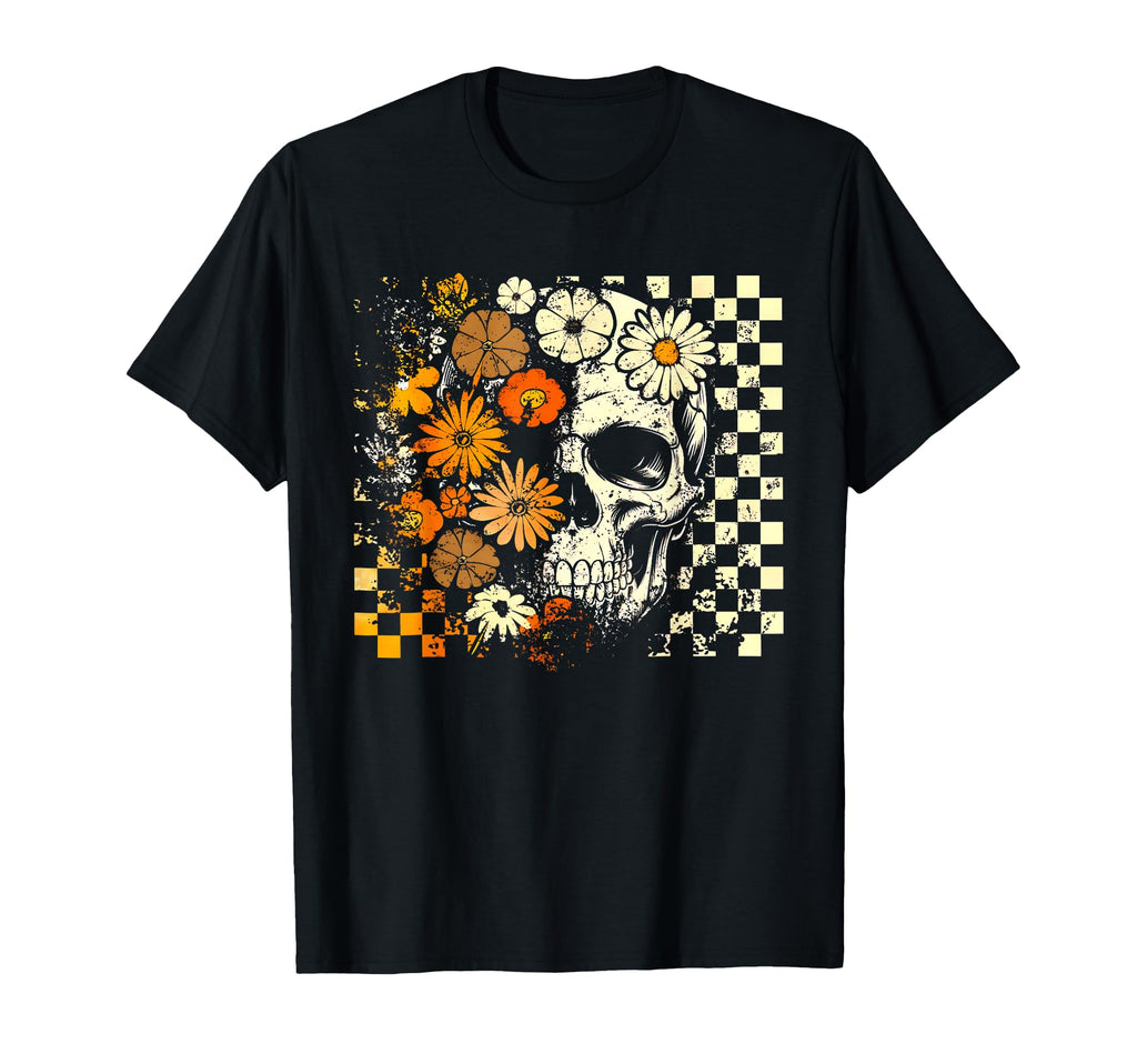 Checkered Boho Floral Skull T-Shirt - Fun Novelty Design Men Women - T-Shirt, Sweatshirt, Hoodie