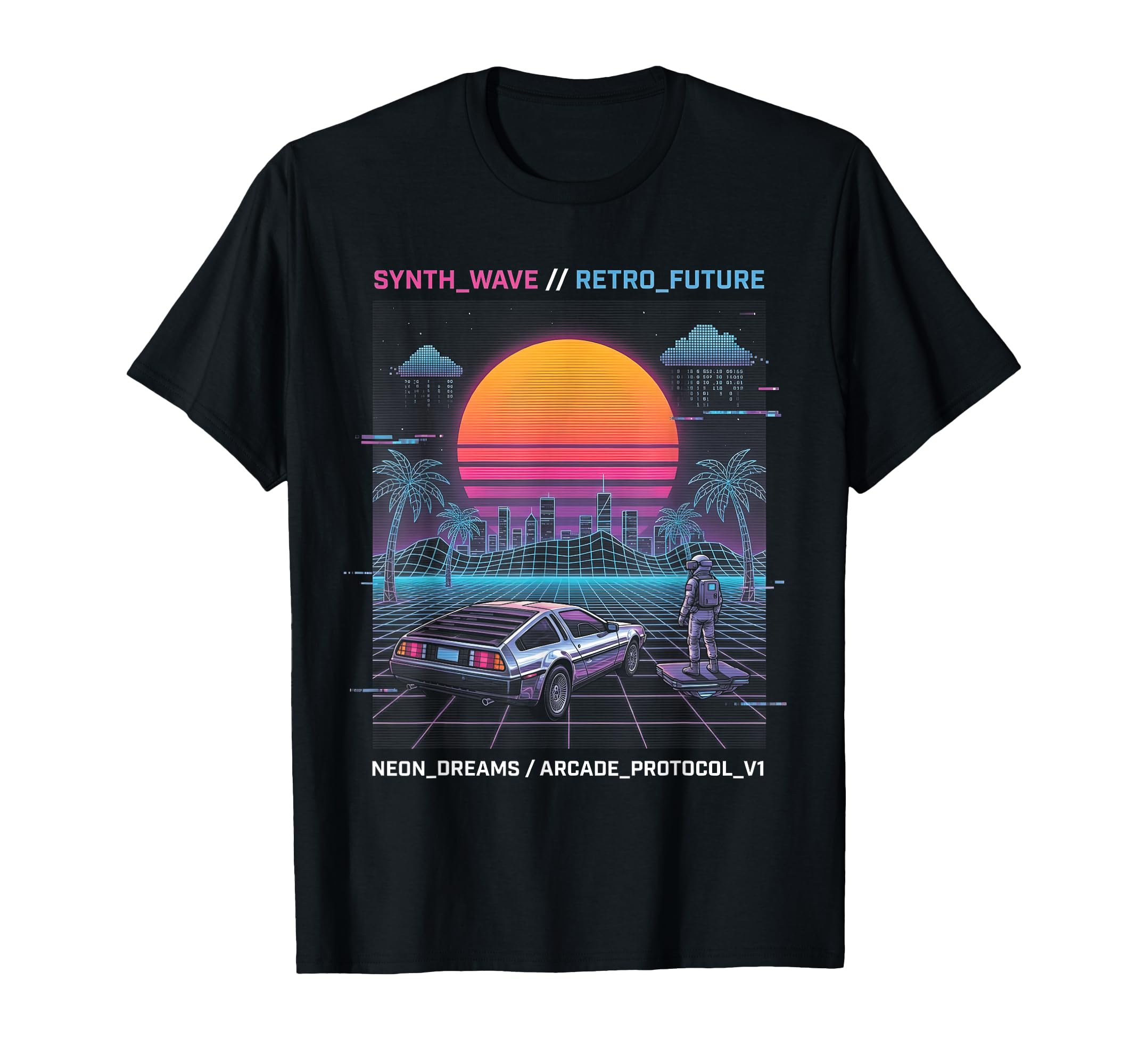 Future Synthwave Car Astronaut City T-Shirt - Novelty Apparel for Adults - T-Shirt, Sweatshirt, Hoodie