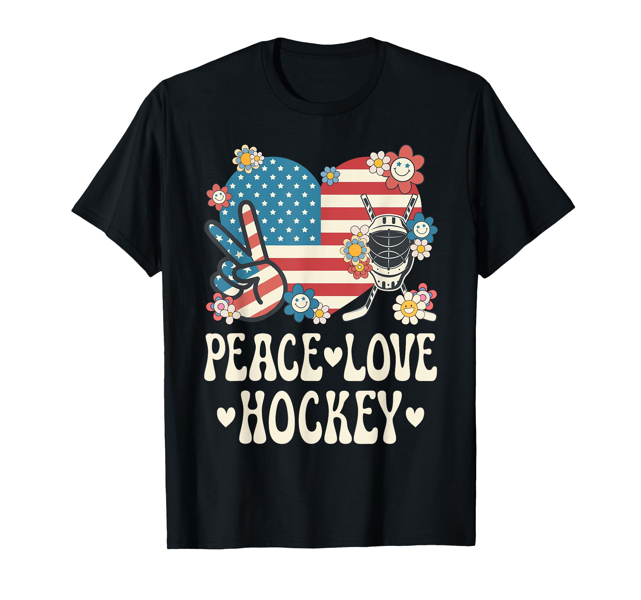 Peace Love Hockey Lover American Flag T-Shirt - Minimalist Print Unisex - T-Shirt, Sweatshirt, Hoodie