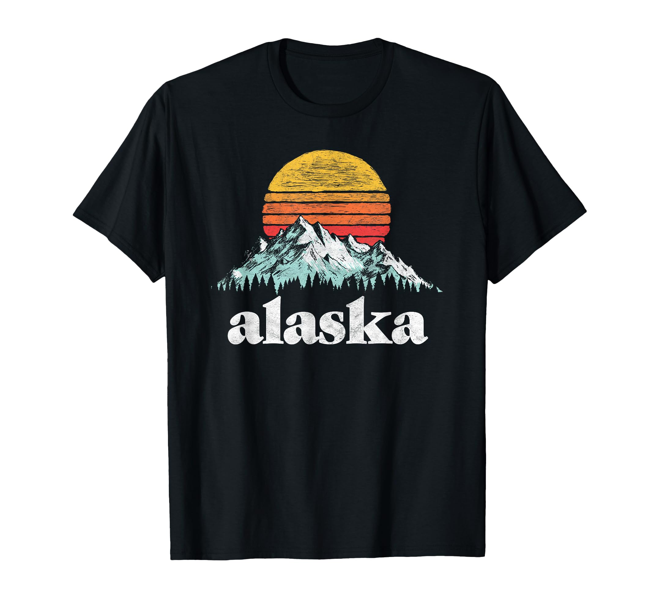 Alaska Mountains Distressed Sun 80S T-Shirt - Unique Graphic for Adults - T-Shirt, Sweatshirt, Hoodie