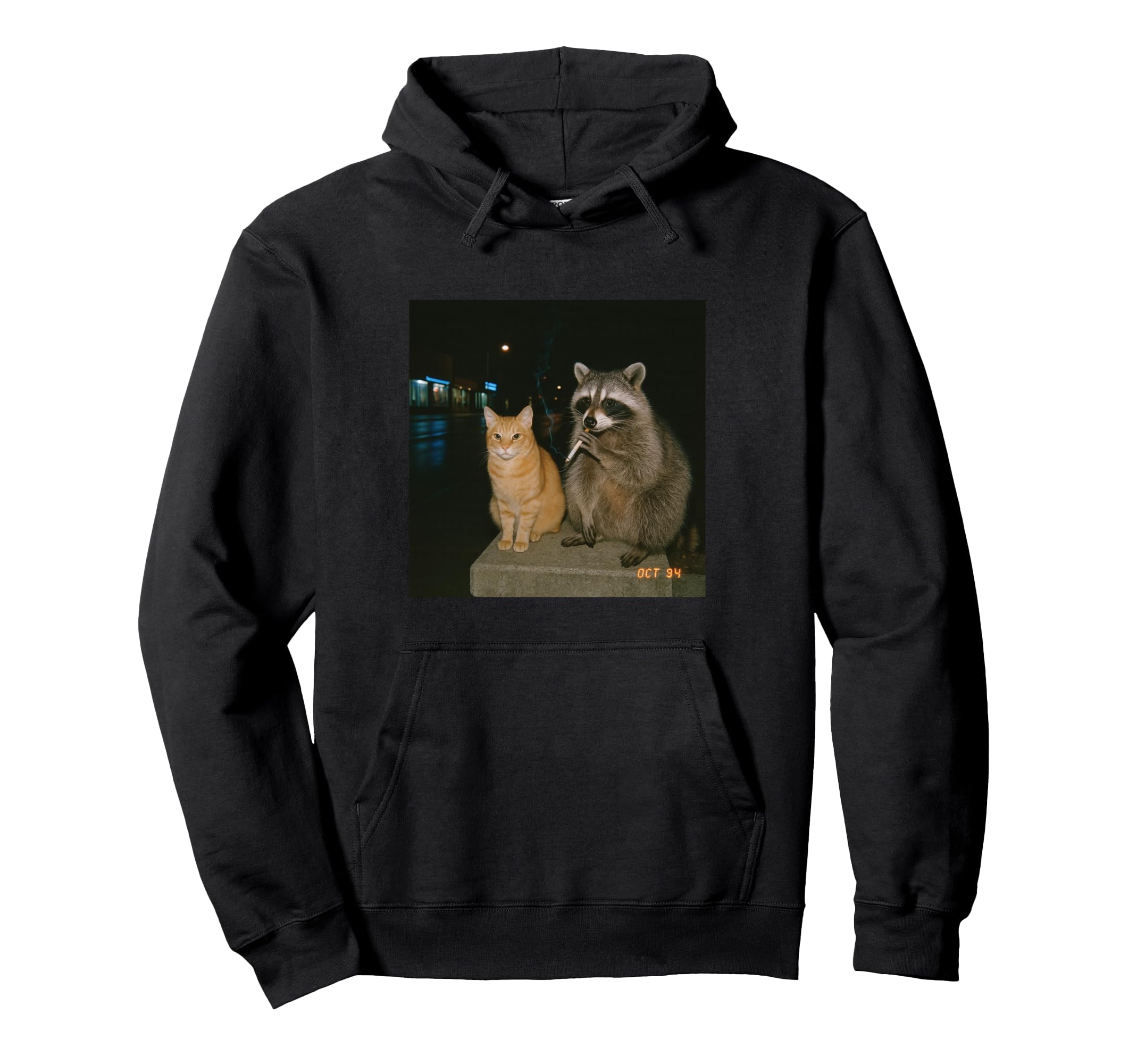 Raccoon Cat Smoking Aesthetic Night Hoodie - Minimalist Print for Adults - T-Shirt, Sweatshirt, Hoodie